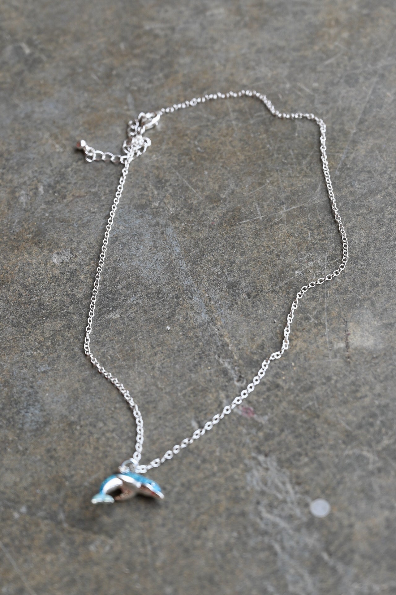 A delicate silver chain necklace with a small dolphin pendant resting on a textured gray stone surface