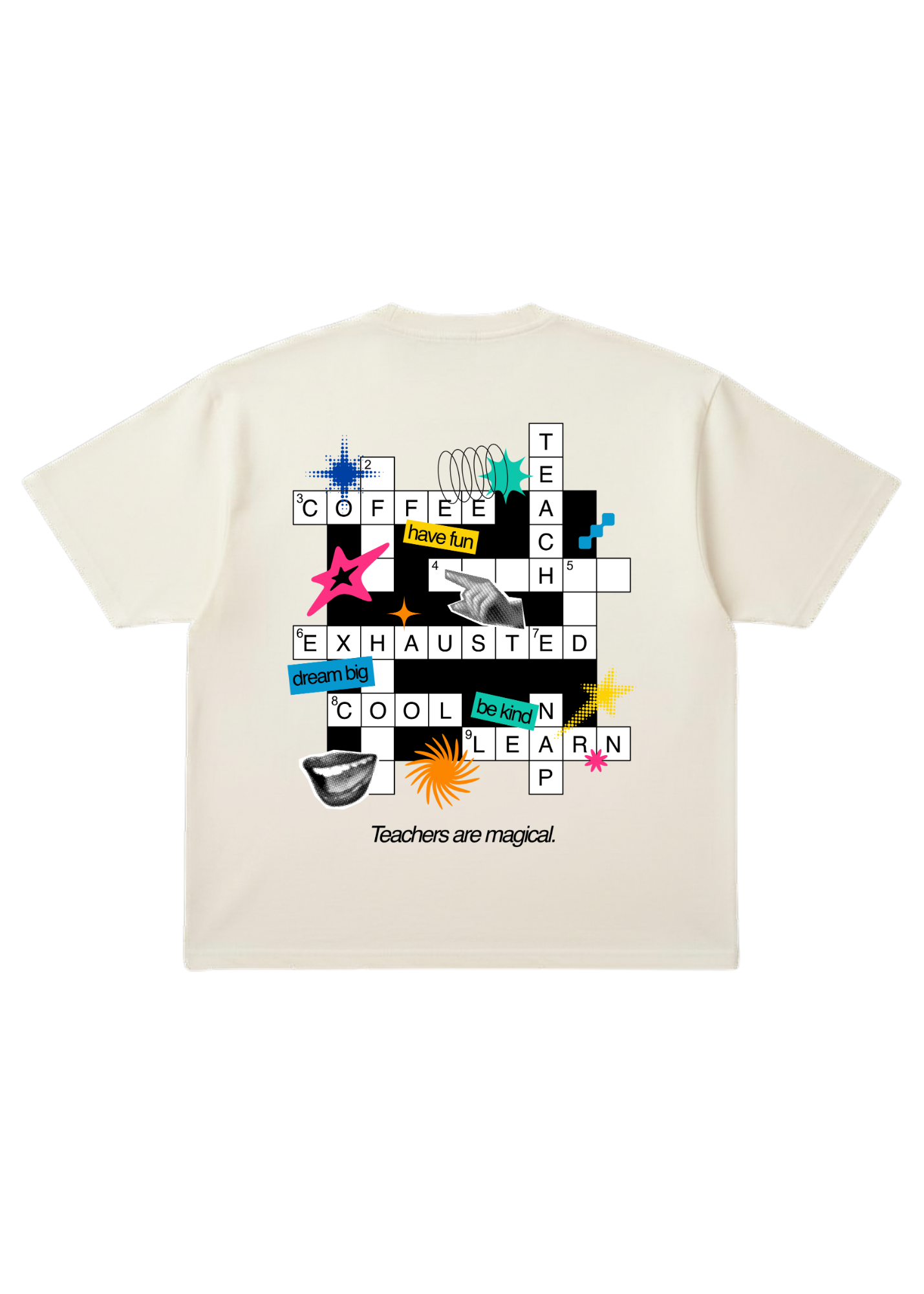 Short sleeve off white tee shirt, with crossword design and text, flat lay back view