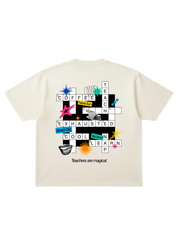 Short sleeve off white tee shirt, with crossword design and text, flat lay back view