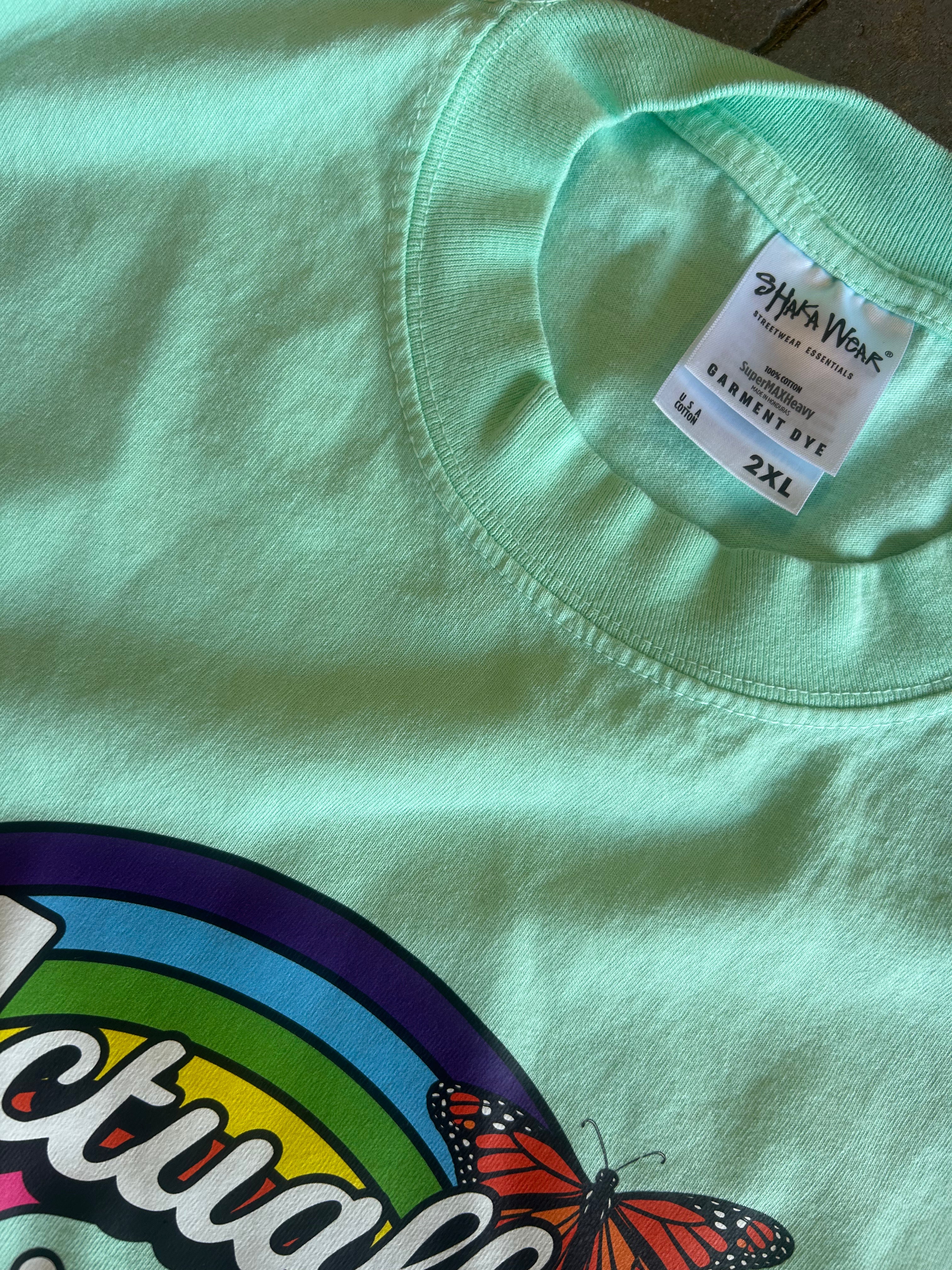 A mint green t-shirt by Pimama Wear, featuring a colorful graphic of a rainbow and a butterfly on the front, shown in a close-up view with the brand tag visible inside the collar.