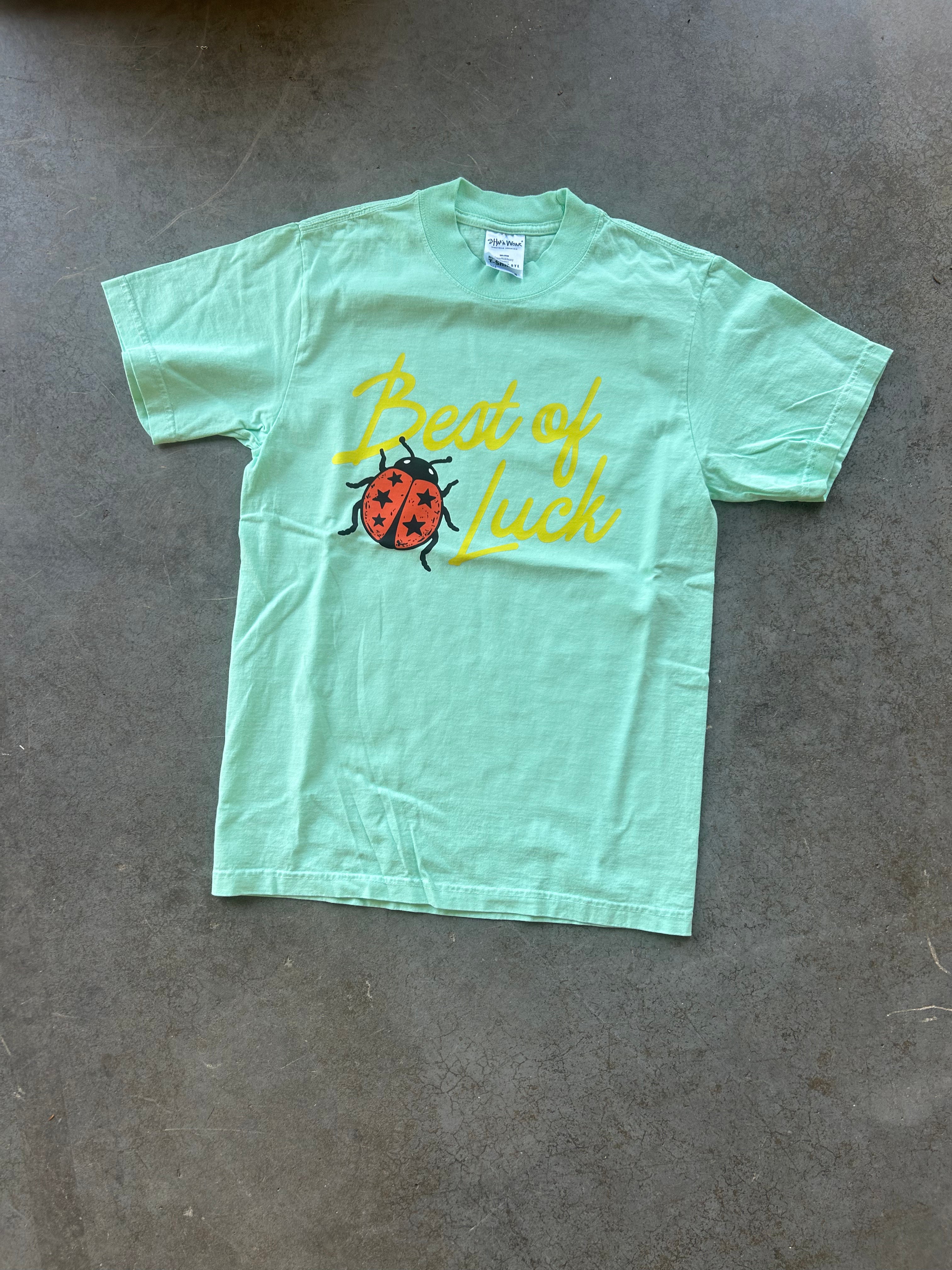 Seafoam green tee with Best of Luck text and a ladybug on a concrete surface
