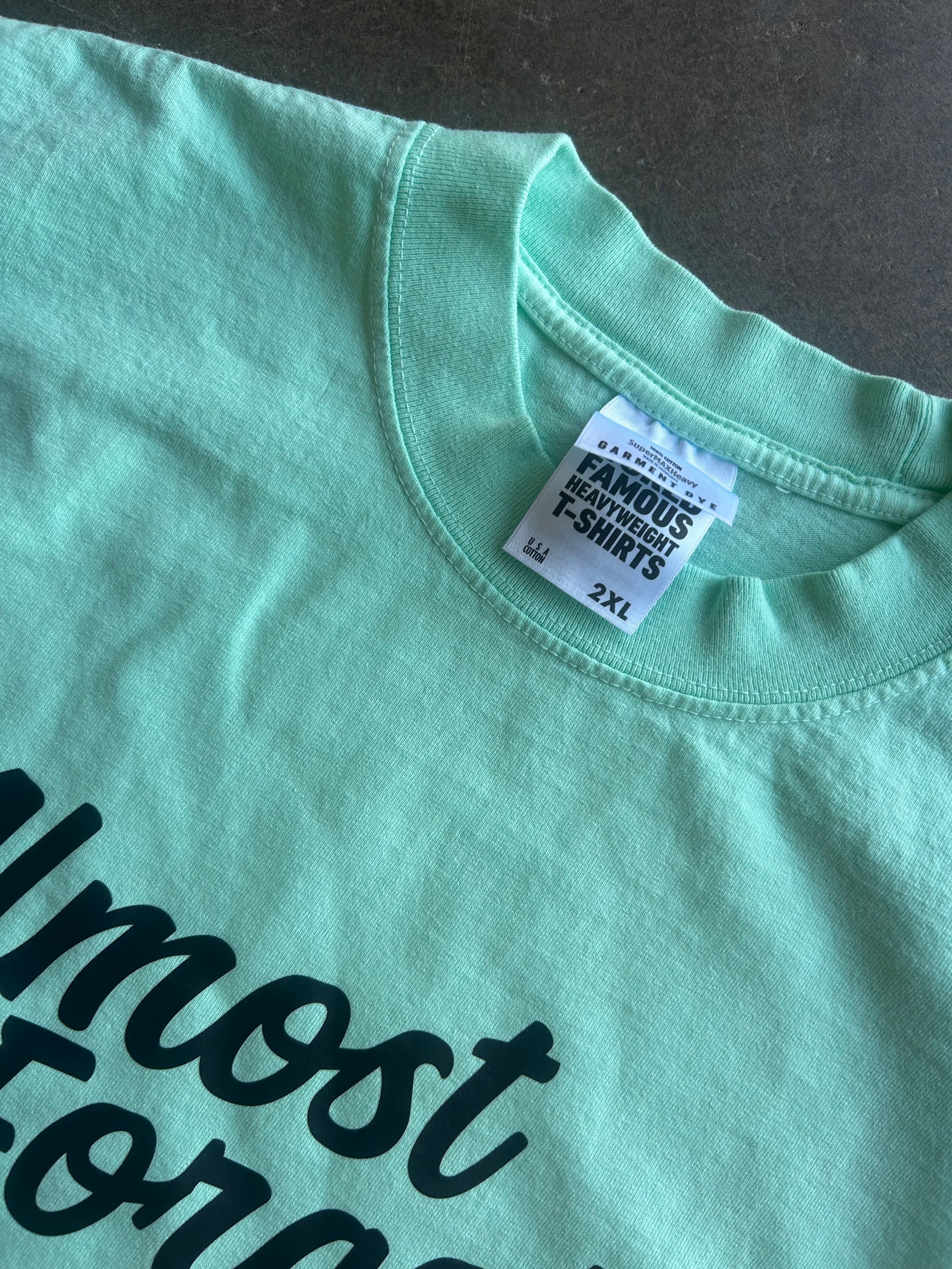 A close-up of a mint green t-shirt laid flat on a dark gray surface, showing the inner neck label which reads 'FAMOUS' and 'COTTON BLEACHED T-SHIRTS' and '2XL'.