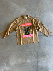 Brown long sleeve tee with All Panic, No Disco text and a cat on a concrete surface