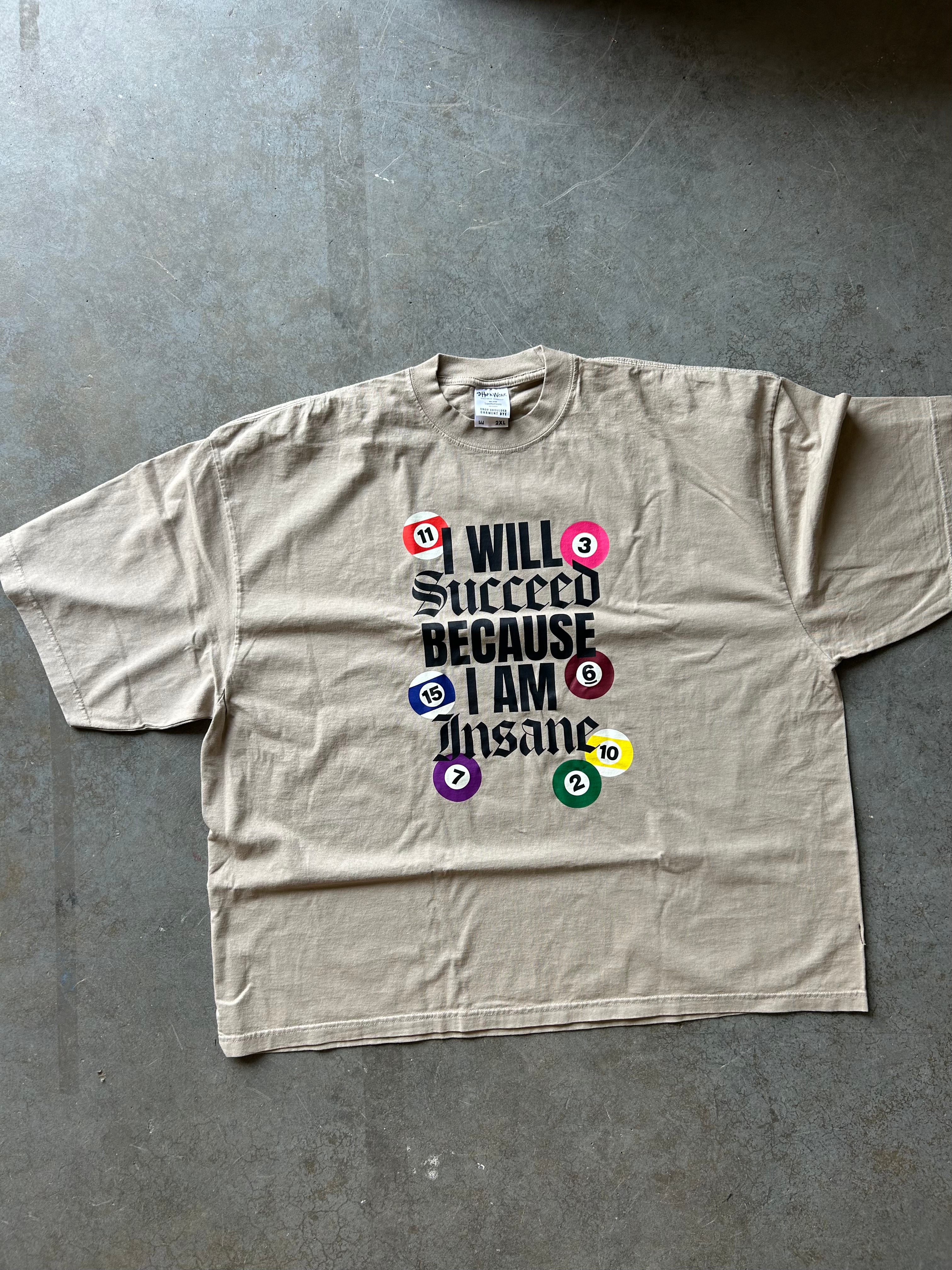 A beige short-sleeve t-shirt laid flat on a gray concrete floor, featuring a graphic print of colorful billiard balls surrounding the text 'I WILL SUCCEED BECAUSE I AM Insane'.