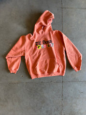 A coral pink hoodie with a graphic reading 'Till Death do us all' in black and multicolor lettering, laid flat on a gray concrete floor.