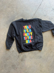 A black crewneck sweatshirt laid flat on a concrete floor, featuring the phrase 'YEAH IT'S A PARTY IN THE USA' printed vertically in colorful bubble letters.