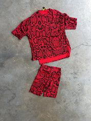 A red and black snakeskin-patterned short-sleeve top and matching shorts laid flat on a gray concrete floor