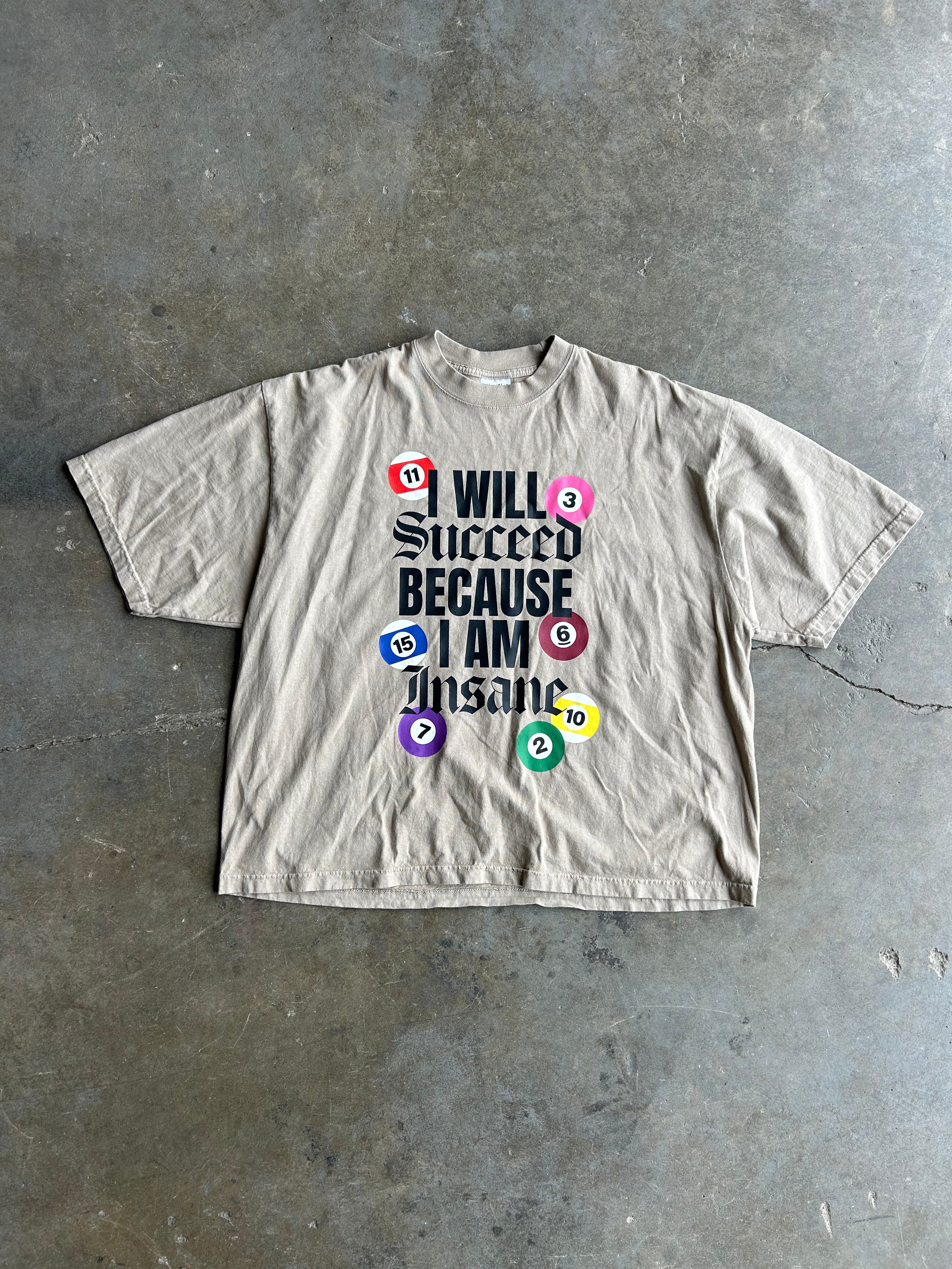 A beige graphic t-shirt laid flat on a gray concrete floor. The shirt features a bold text graphic reading 'I WILL Succeed BECAUSE I AM Insane' in black, surrounded by colorful billiard balls in red, pink, blue, purple, green, and yellow