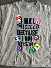 Close up of a beige graphic t-shirt laid flat on a gray concrete floor. The shirt features a bold text graphic reading 'I WILL Succeed BECAUSE I AM Insane' in black, surrounded by colorful billiard balls in red, pink, blue, purple, green, and yellow