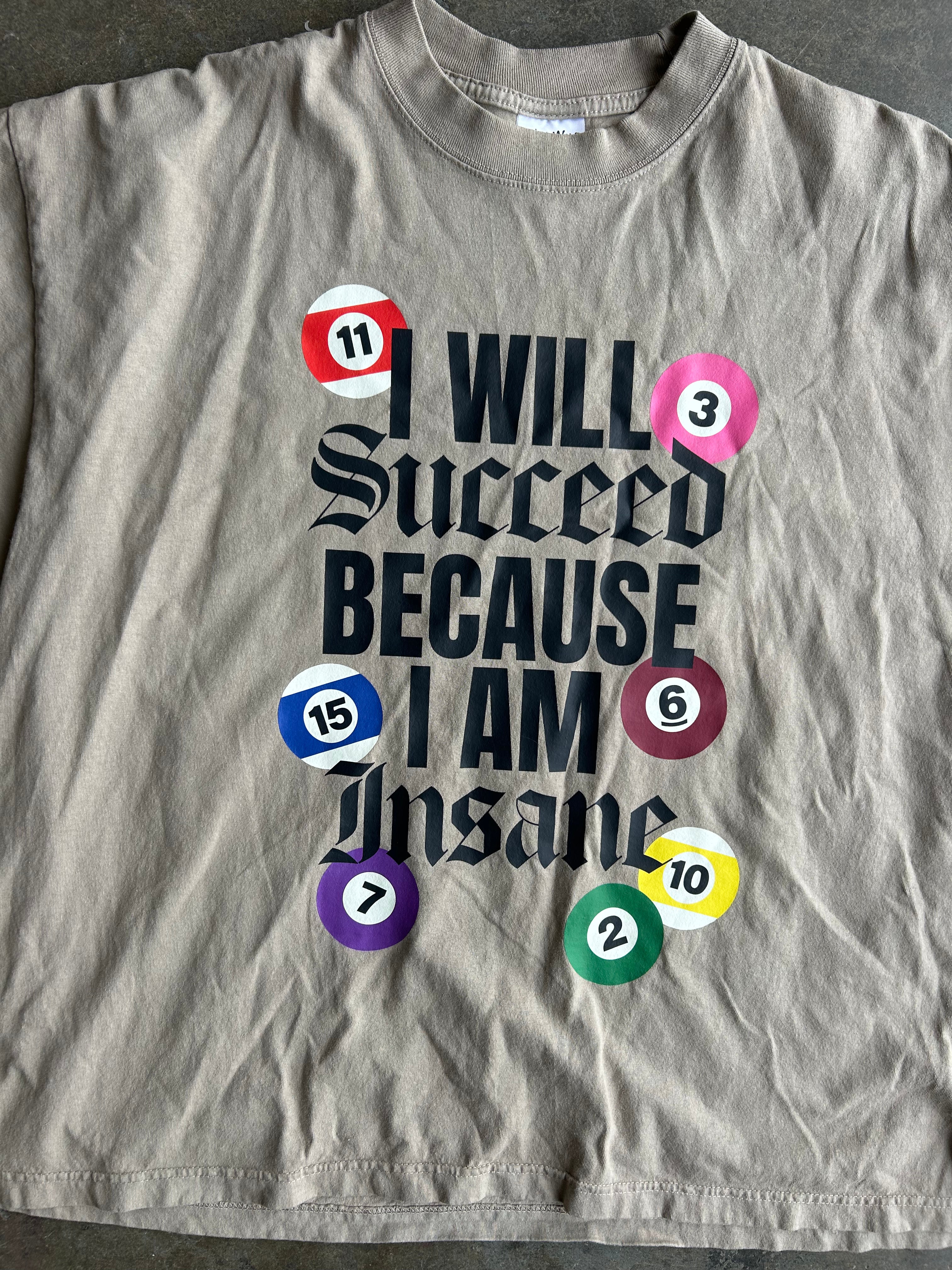 Close up of a beige graphic t-shirt laid flat on a gray concrete floor. The shirt features a bold text graphic reading 'I WILL Succeed BECAUSE I AM Insane' in black, surrounded by colorful billiard balls in red, pink, blue, purple, green, and yellow