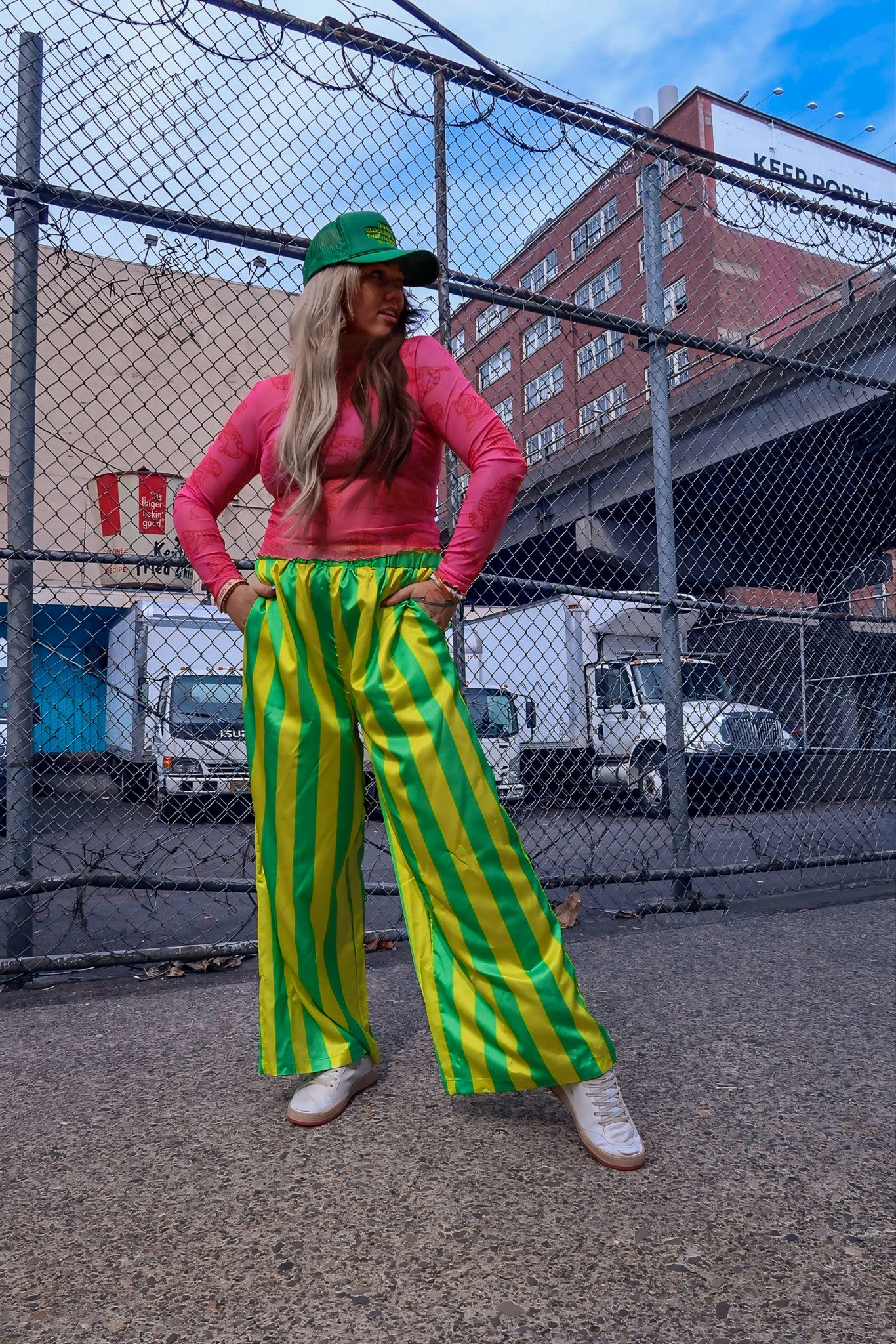 High Voltage Green Stripe Straight-Leg Pants