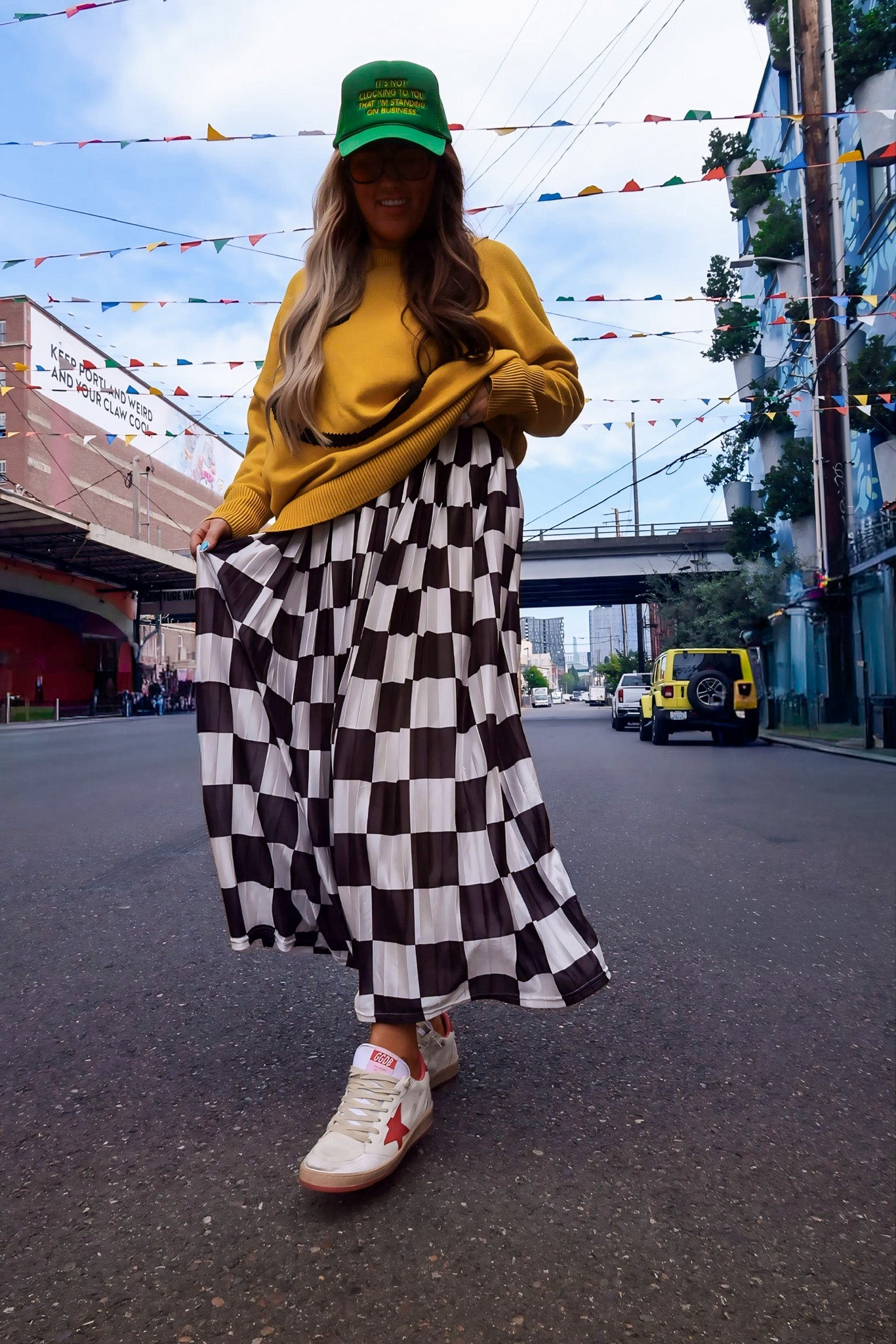 Victory Lap Checkered Maxi Pleated Skirt