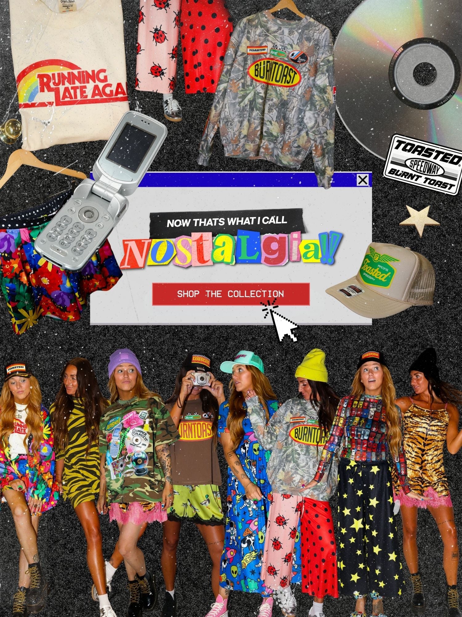 Collection of images of models wearing coloring clothing with an old windows icon and the text 'NOW THATS WHAT I CALL NOSTALAGIA' written in the middle