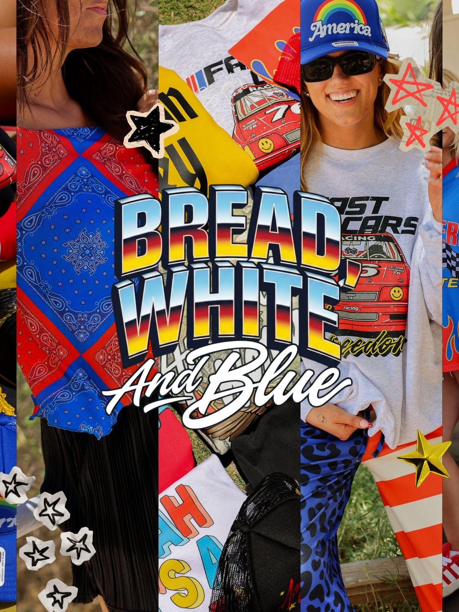 Collage of people wearing colorful clothing with text overlay 'Bread White And Blue'.