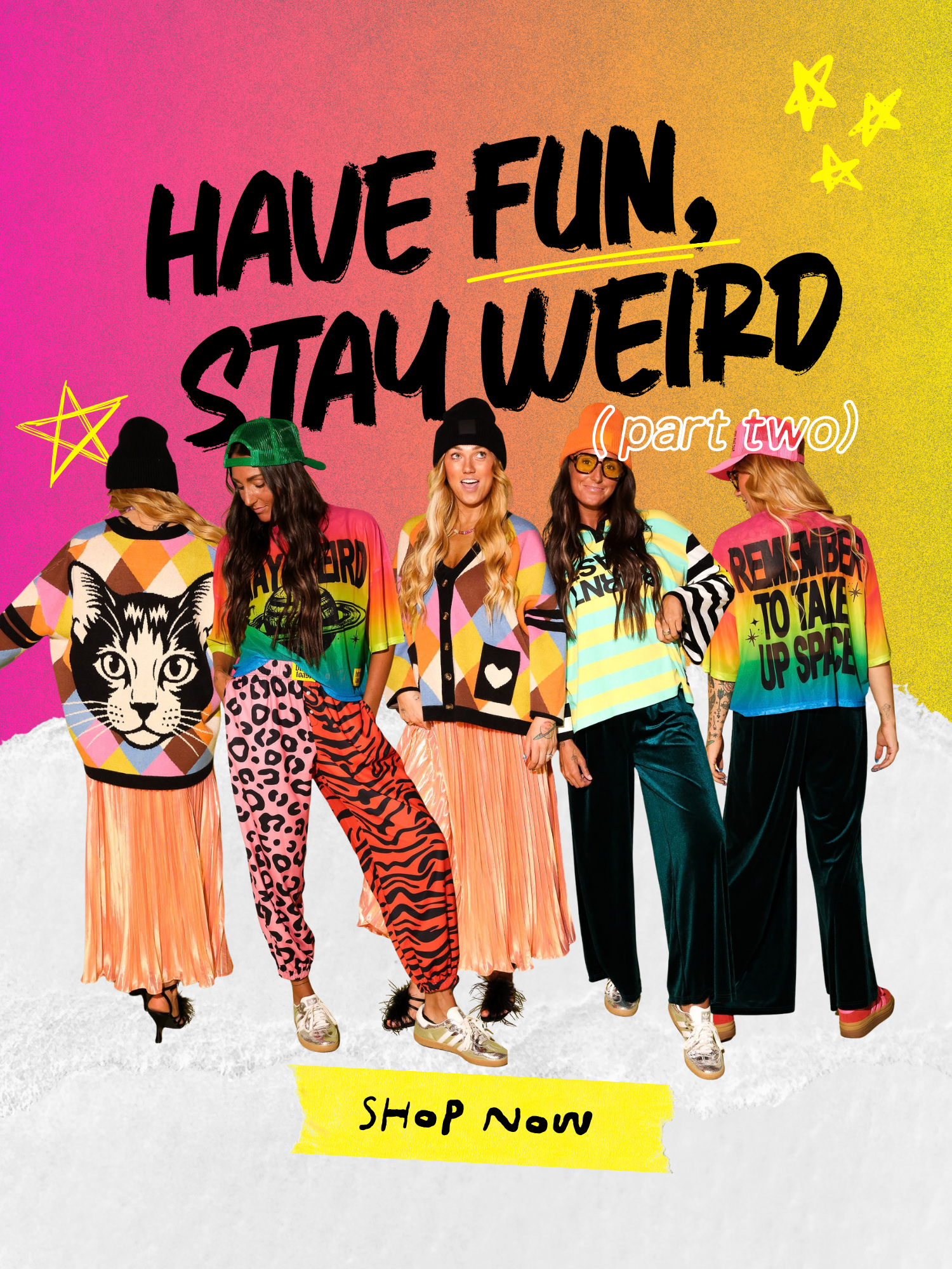 Burnt Toast stay weird pt. 2 collection including dresses, bottoms, tops, and graphics featuring in house designs