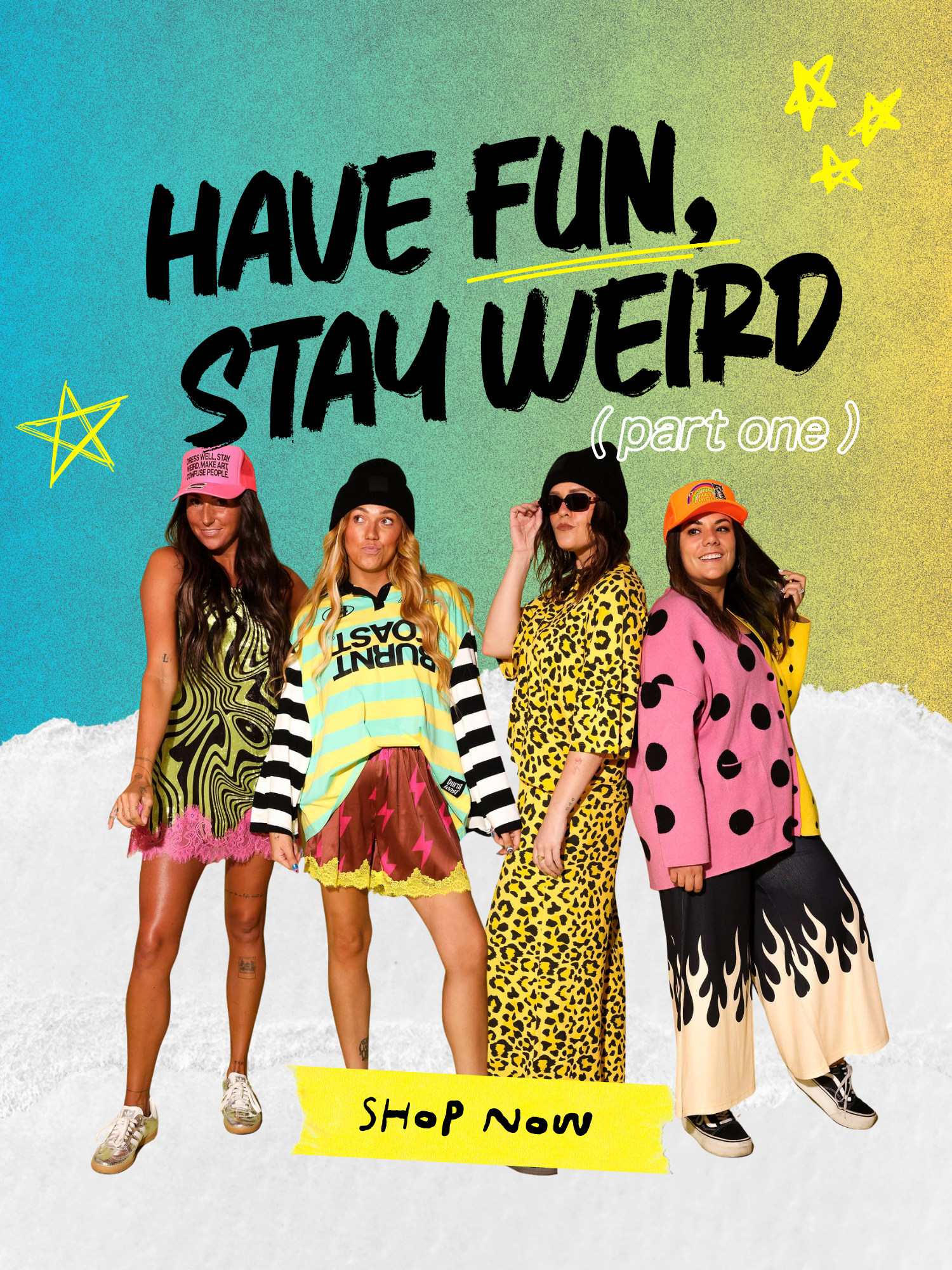 Burnt Toast Stay Weird collection including dresses, bottoms, tops, and graphics featuring in house designs