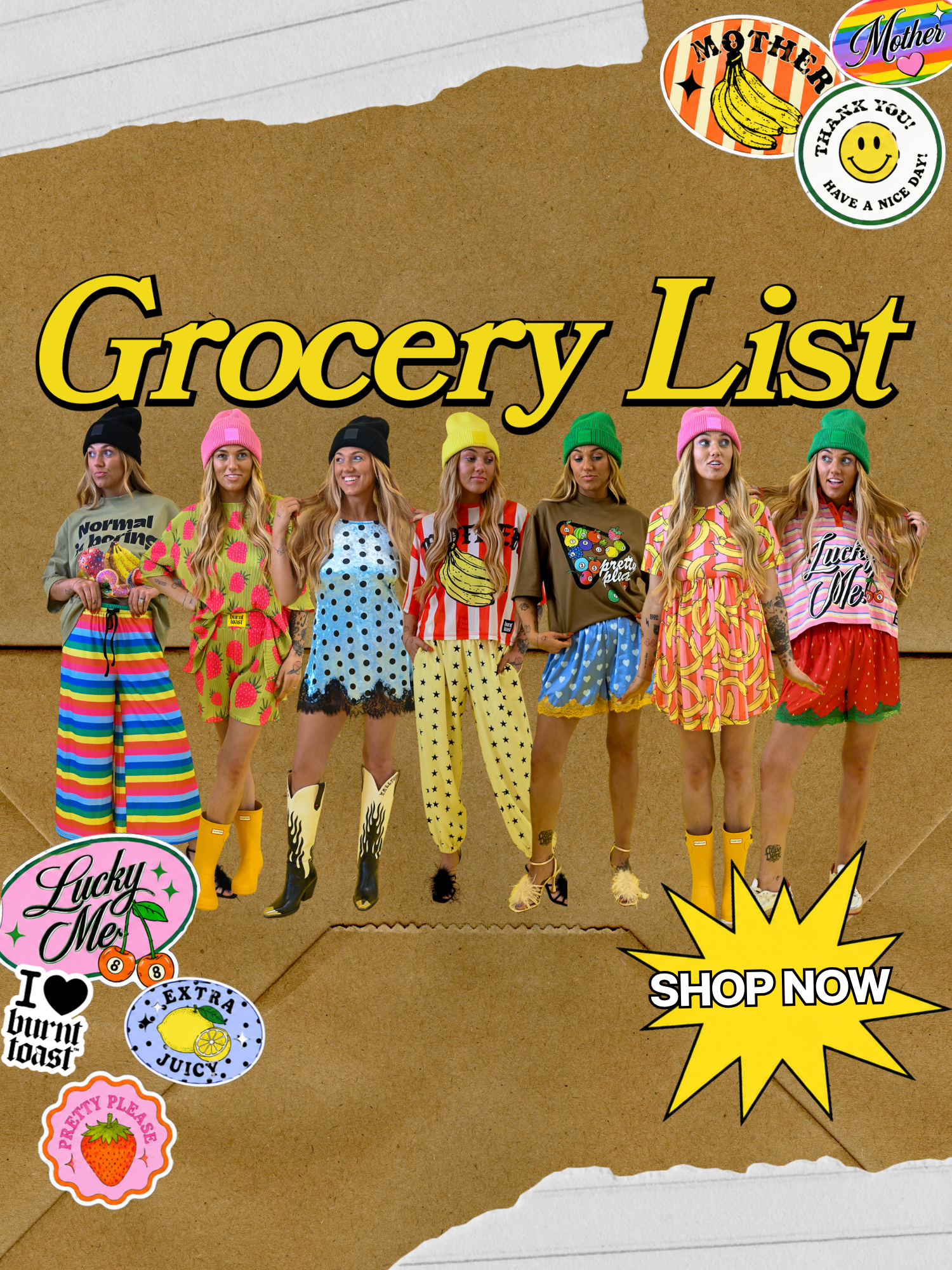 Burnt Toast Grocery List Collection including dresses, tops, bottoms and graphic tees featuring in house designs