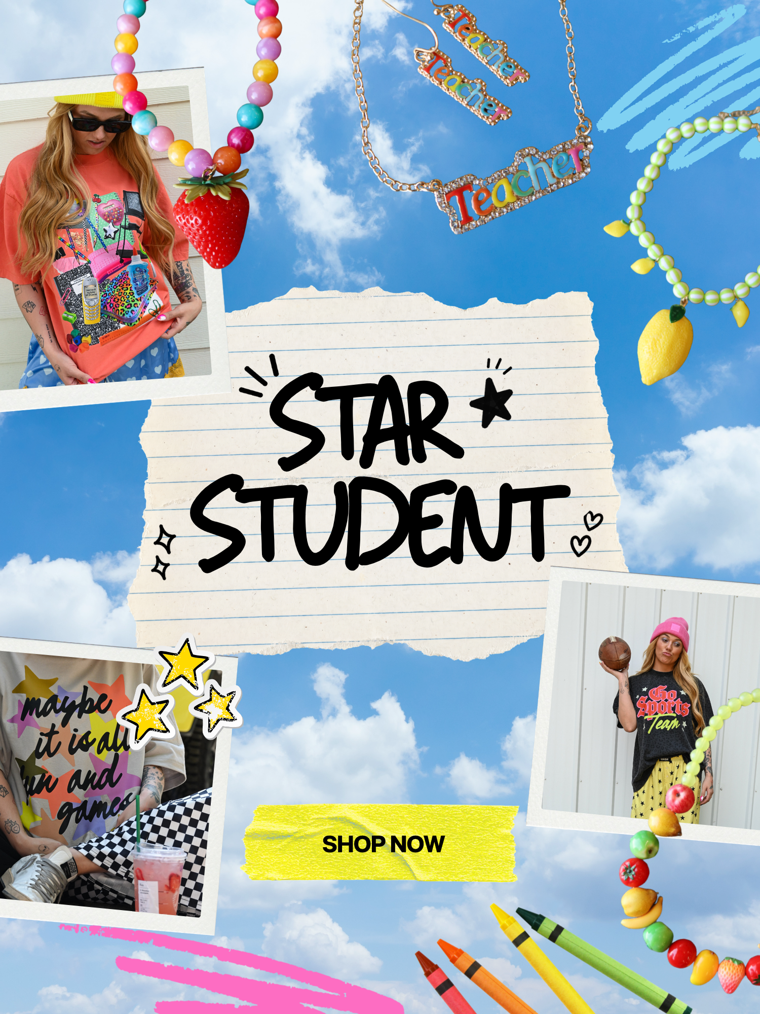 Burnt Toast Star Student Collection including jewelry and graphic tees featuring in house designs