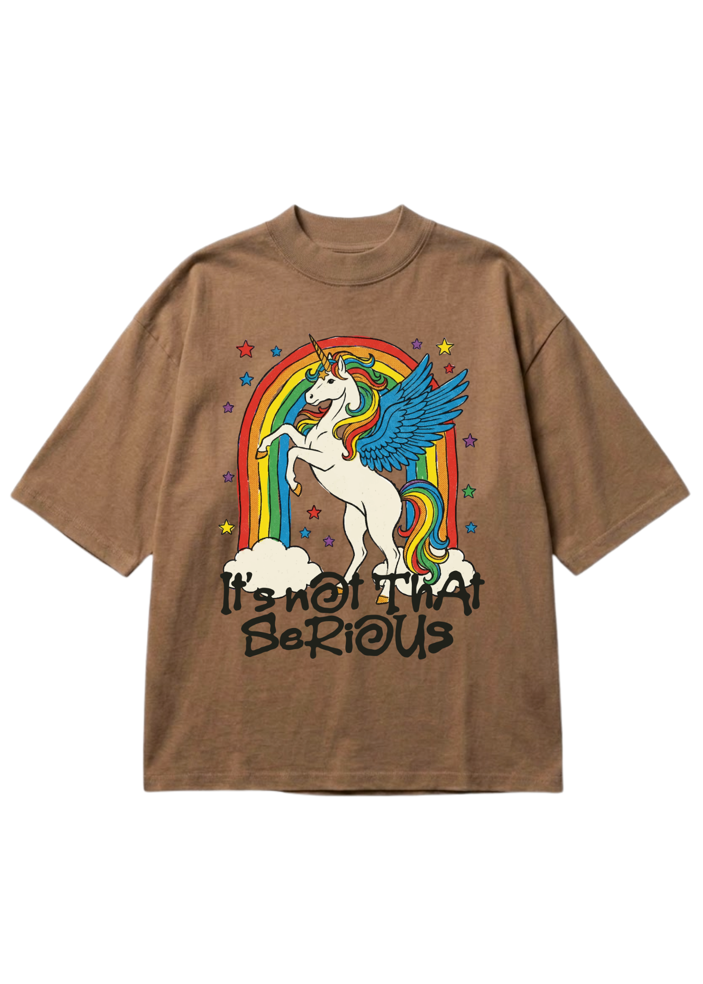 Brown short sleeve graphic shirt with a unicorn and rainbow design on a white background, flay lat frontal design