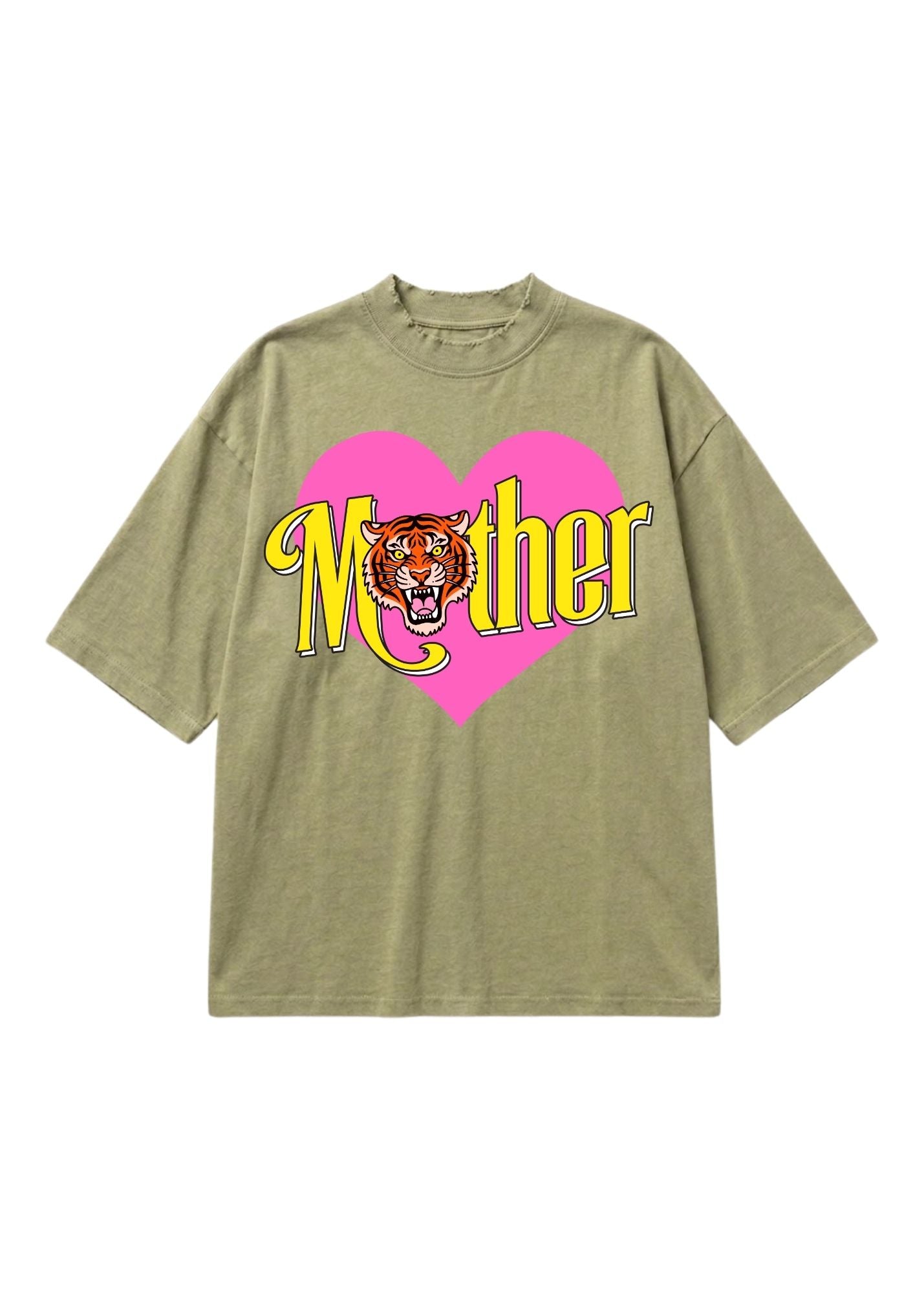 An oversized short-sleeve t-shirt in a heathered olive green, featuring a graphic print of a pink heart and the word 'Mother' in yellow with a tiger face in the center.