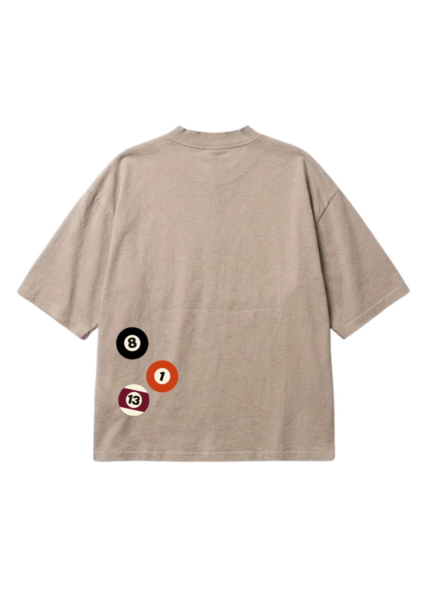 A beige short-sleeve t-shirt shown from the back, featuring a graphic of three billiard balls (black 8, orange 1, and red 13) on the lower left side, set against a plain white background