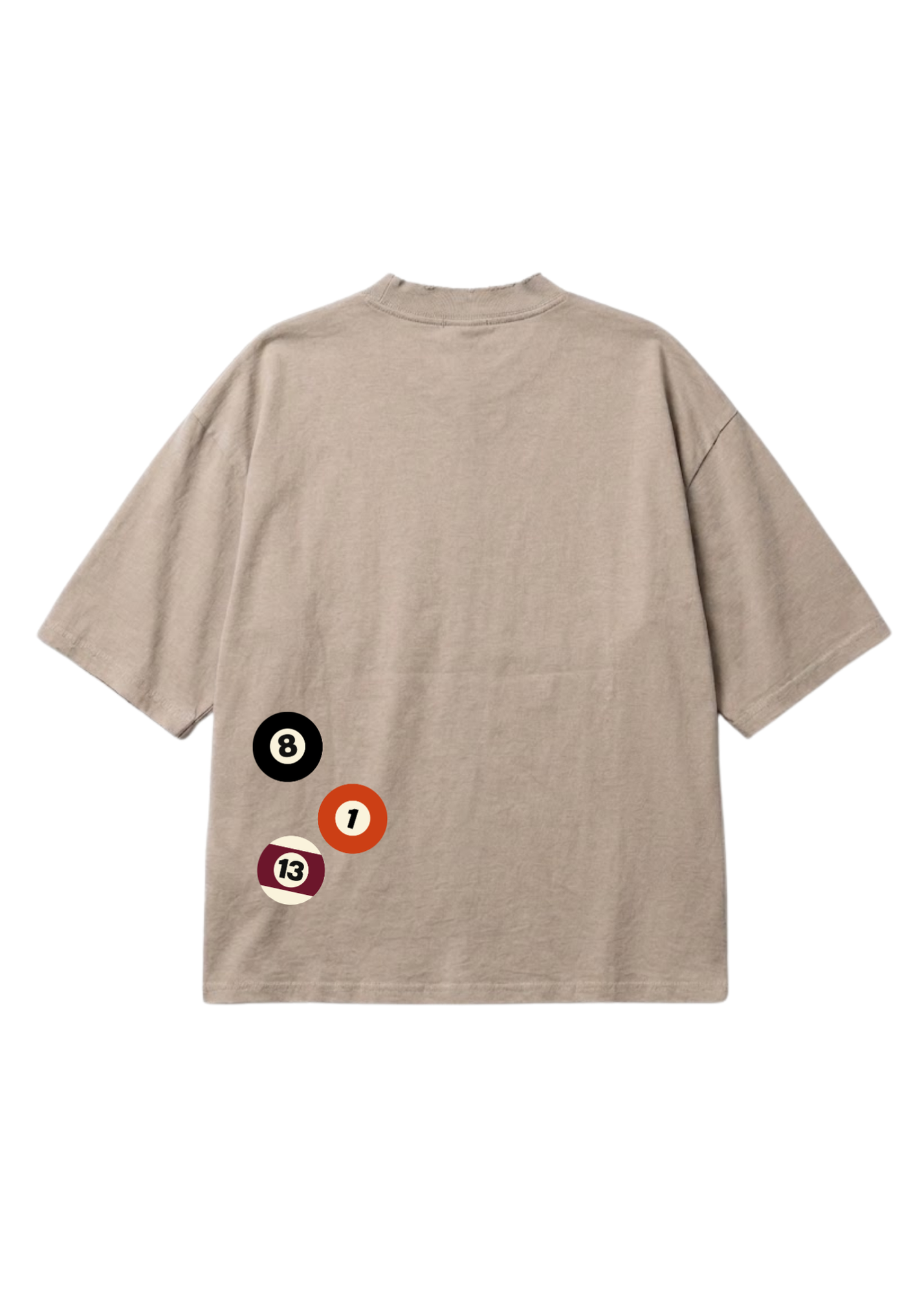 A beige short-sleeve t-shirt shown from the back, featuring a graphic of three billiard balls (black 8, orange 1, and red 13) on the lower left side, set against a plain white background