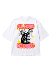 White short sleeve shirt with a cat graphic and text 'All Panic No Disco' on a white background, flat lay frontal view