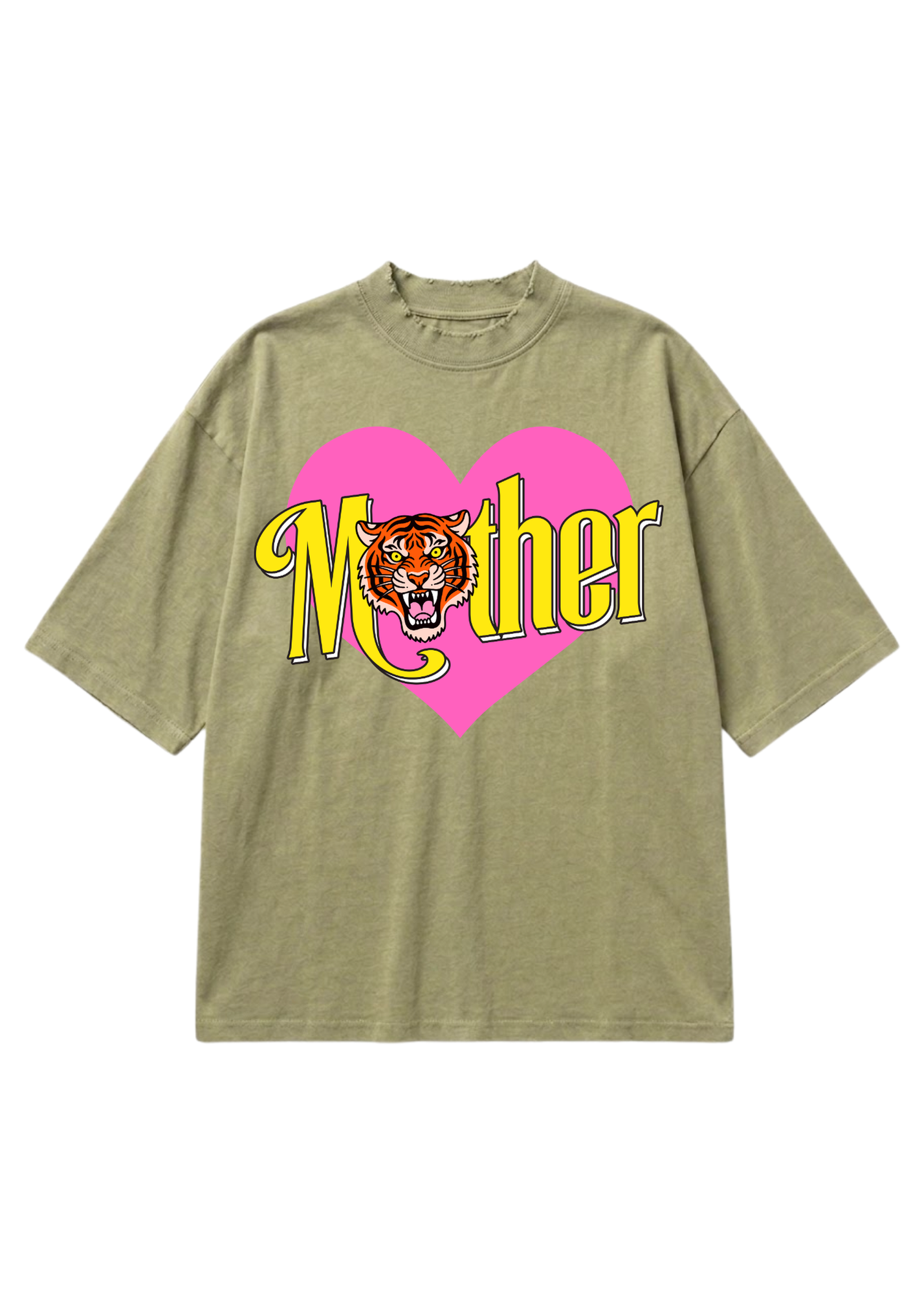 An oversized short-sleeve t-shirt in a heathered olive green, featuring a graphic print of a pink heart and the word 'Mother' in yellow with a tiger face in the center.