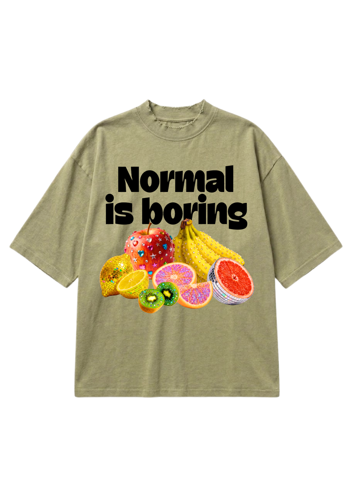 A light khaki t-shirt with a graphic print that reads 'Normal is boring' in bold black text above a colorful assortment of fruits including bananas, kiwi, grapefruit, and melon, flat lay frontal view