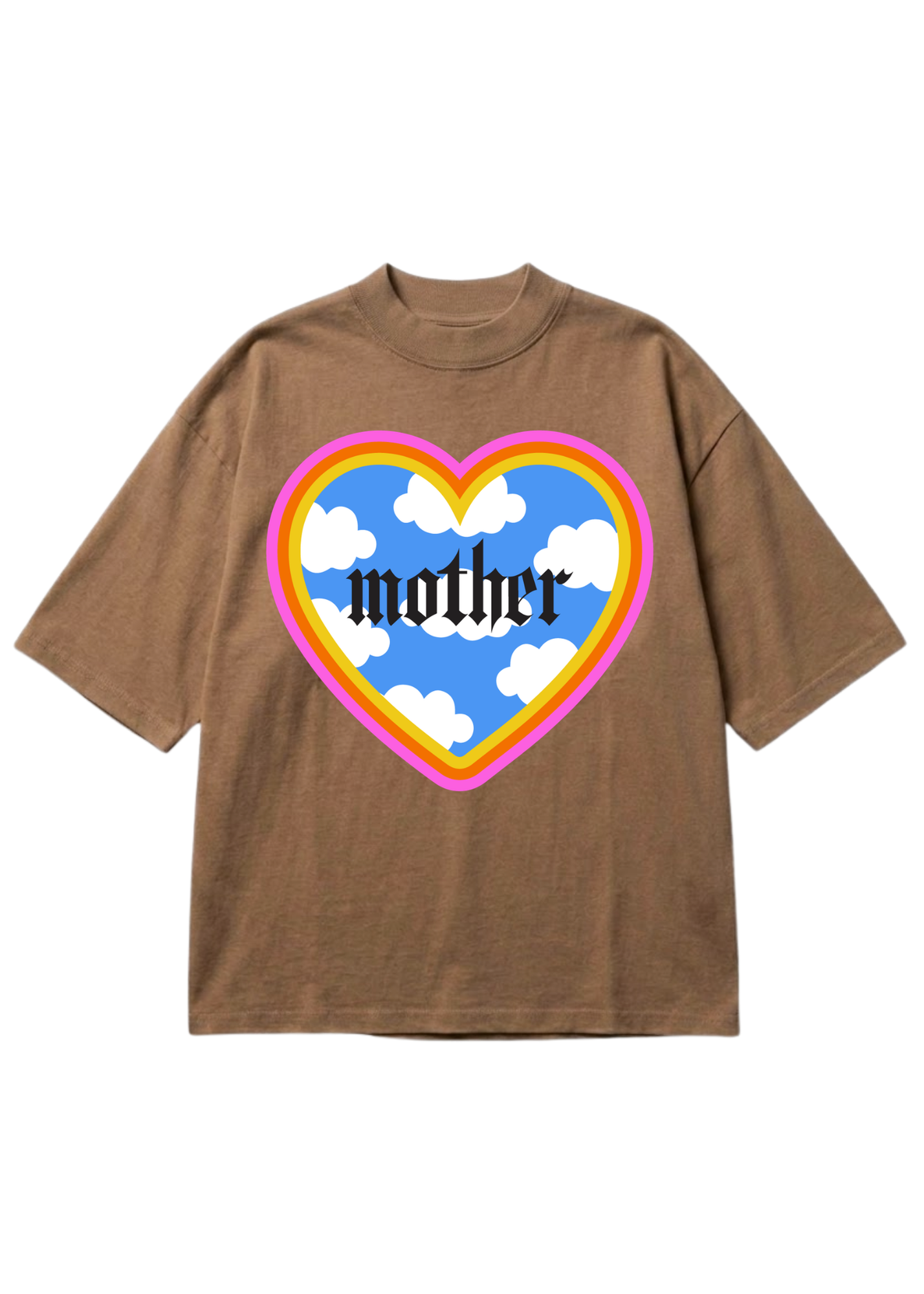 A brown short-sleeve t-shirt with a large heart-shaped graphic on the chest. The graphic features a blue sky with white clouds, a yellow and pink rainbow border, and the word 'mother' written in a black gothic font