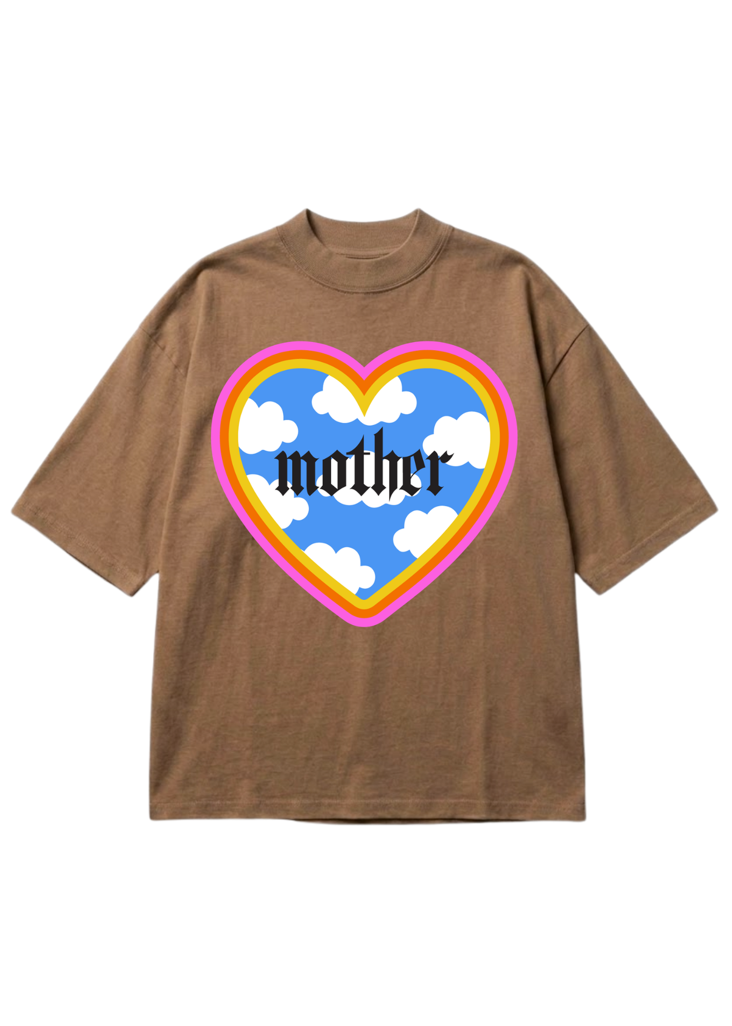A brown short-sleeve t-shirt with a large heart-shaped graphic on the chest. The graphic features a blue sky with white clouds, a yellow and pink rainbow border, and the word 'mother' written in a black gothic font