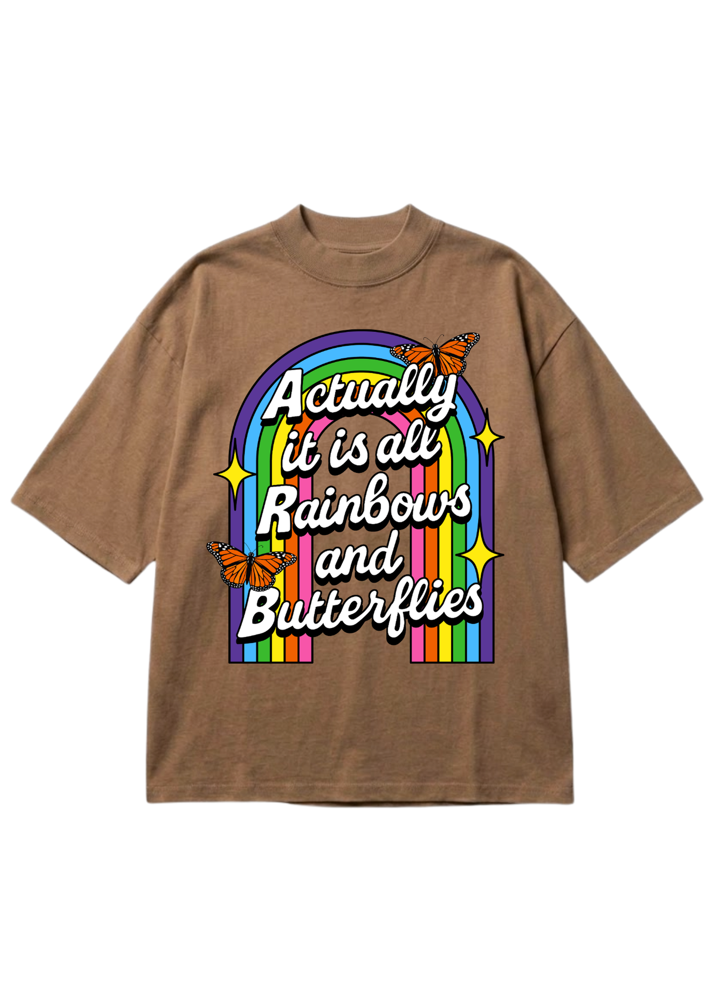 Brown t-shirt with rainbow and butterfly graphic and text on a white background, flat lay frontal view