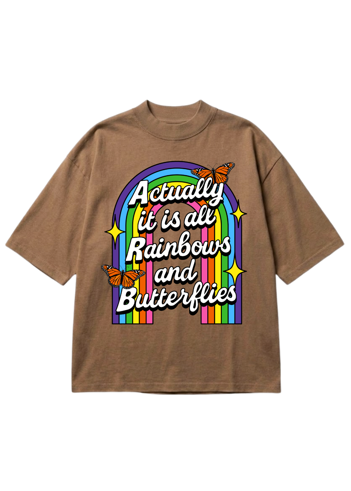 Brown t-shirt with rainbow and butterfly graphic and text on a white background, flat lay frontal view