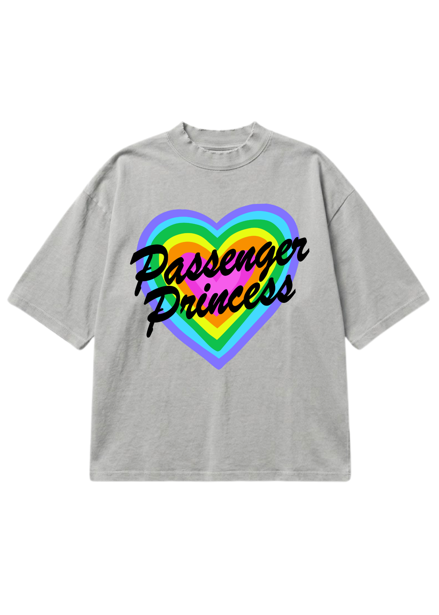 A light gray oversized t-shirt featuring a graphic of three rainbow-striped hearts with the words 'Passenger Princess' written in black cursive script across the front