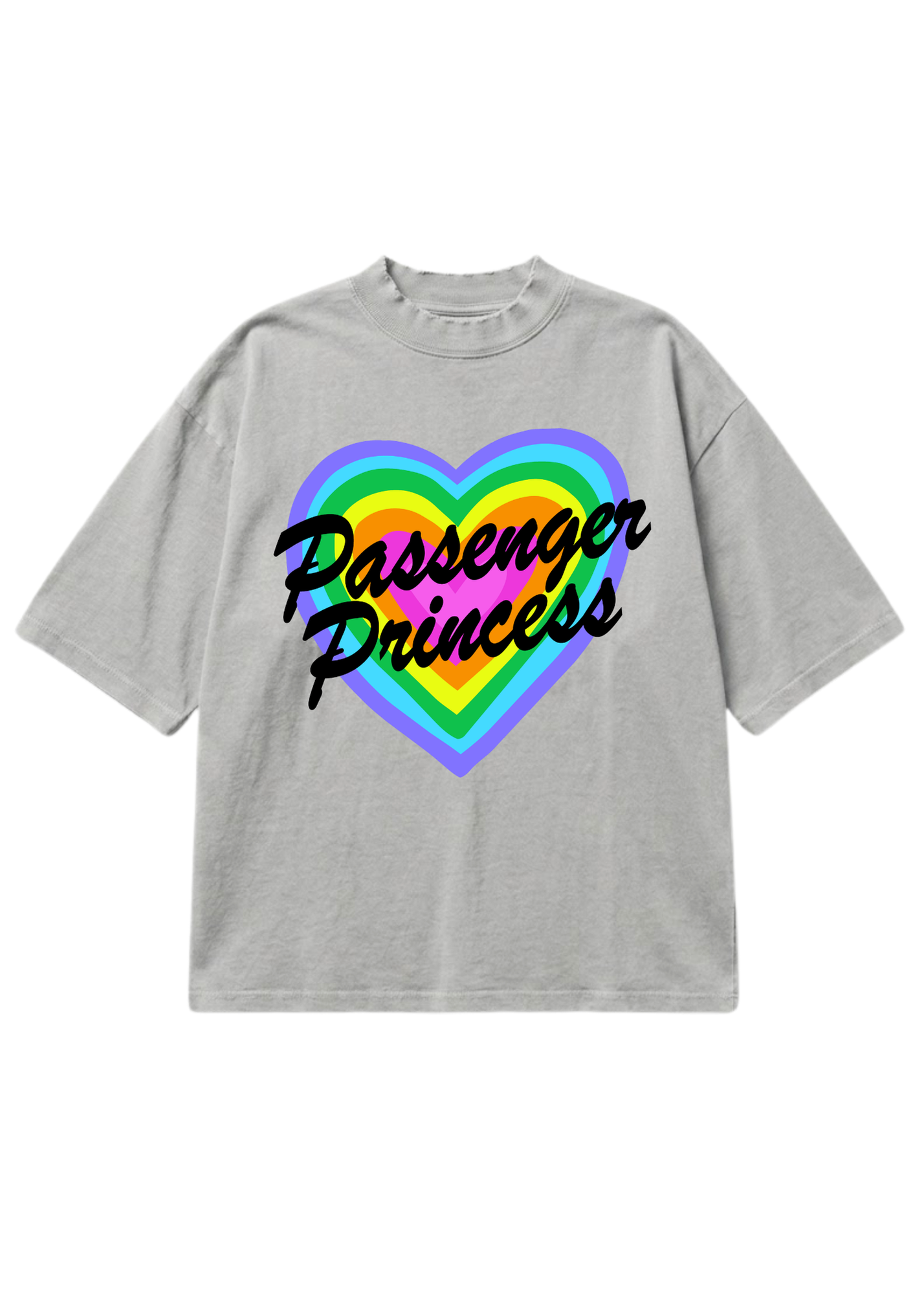A light gray oversized t-shirt featuring a graphic of three rainbow-striped hearts with the words 'Passenger Princess' written in black cursive script across the front