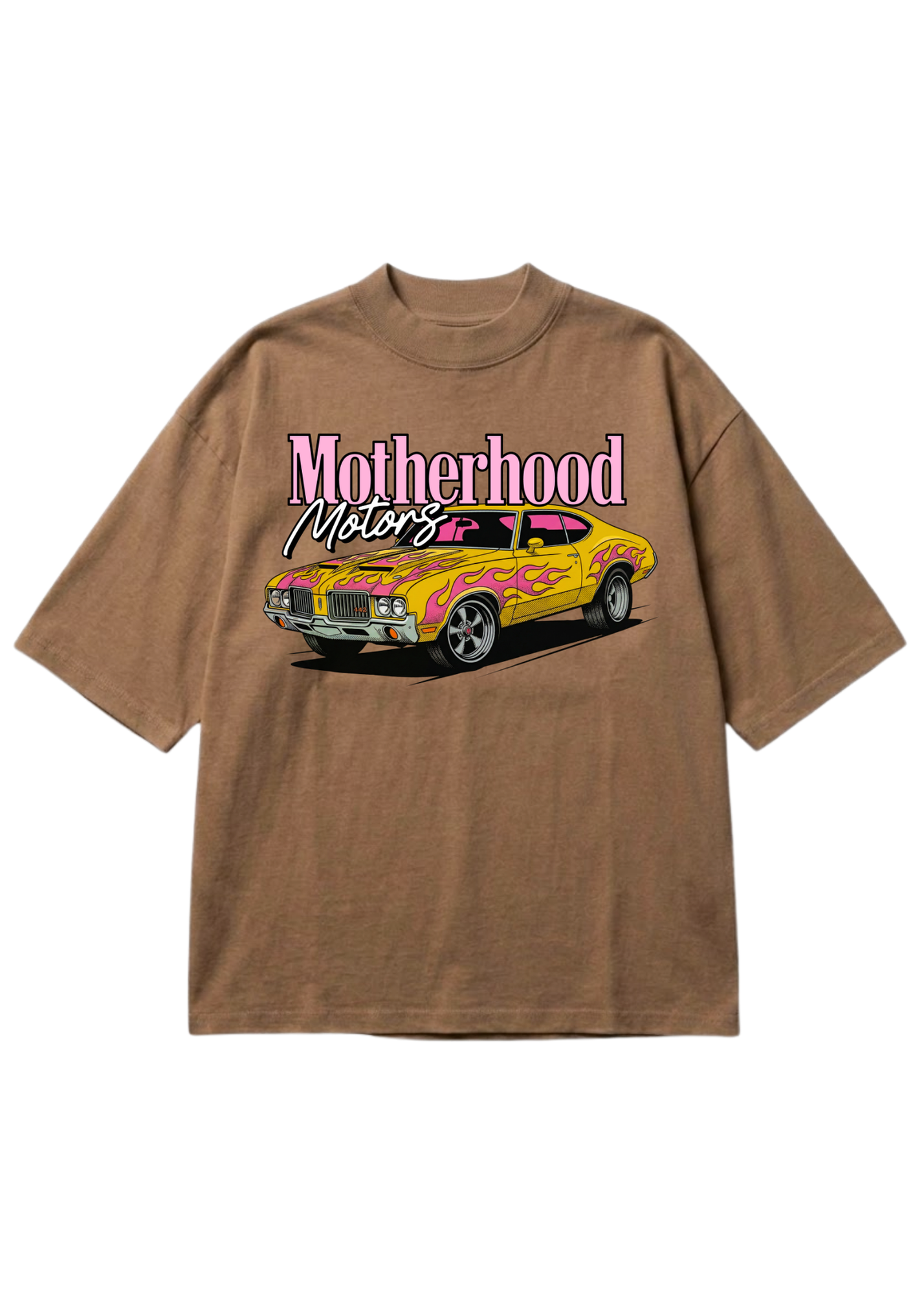 A brown short-sleeve t-shirt with a graphic print of a yellow muscle car with pink flames and the text 'Motherhood Motors' in pink and white, displayed on a clean white background