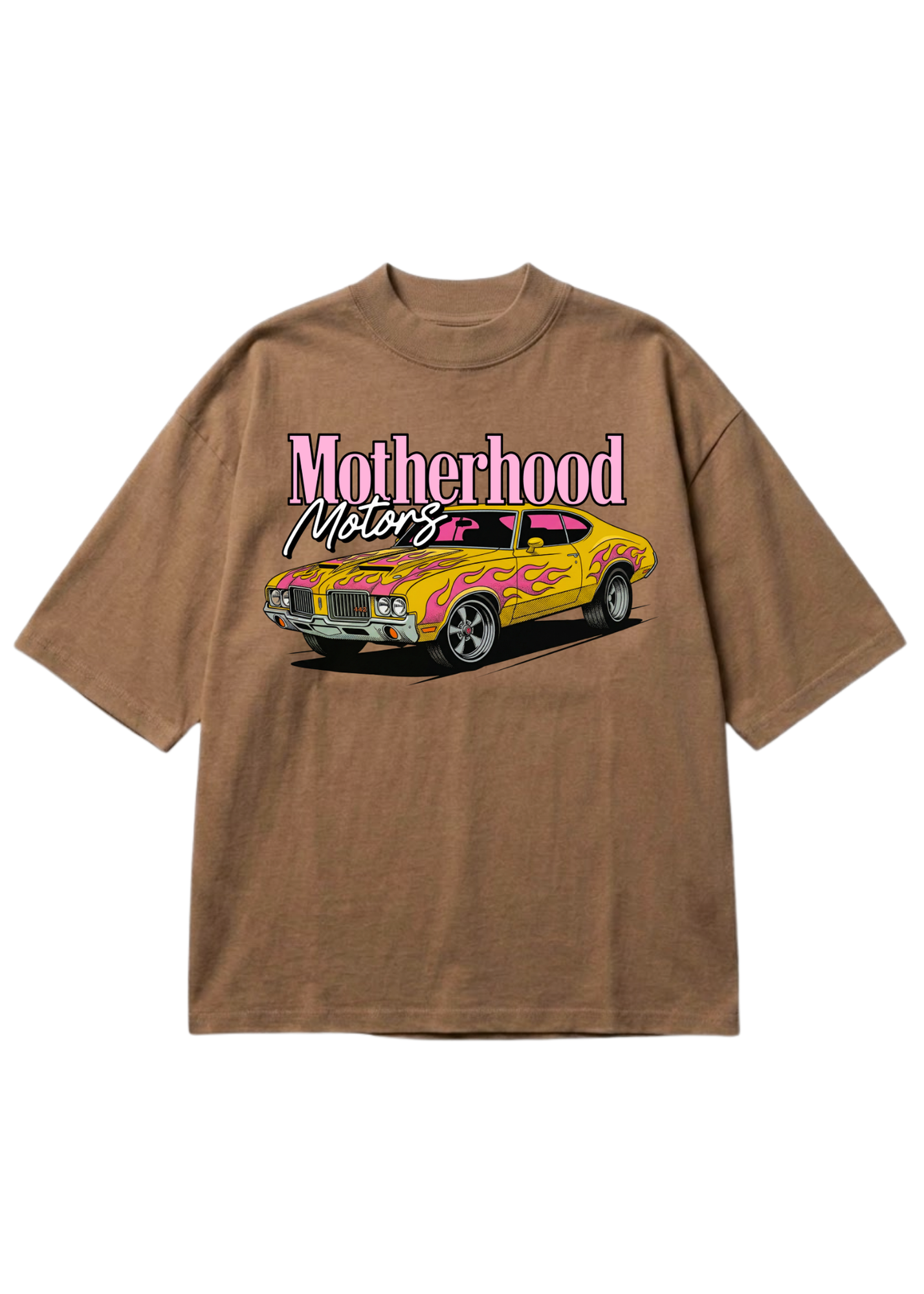 A brown short-sleeve t-shirt with a graphic print of a yellow muscle car with pink flames and the text 'Motherhood Motors' in pink and white, displayed on a clean white background