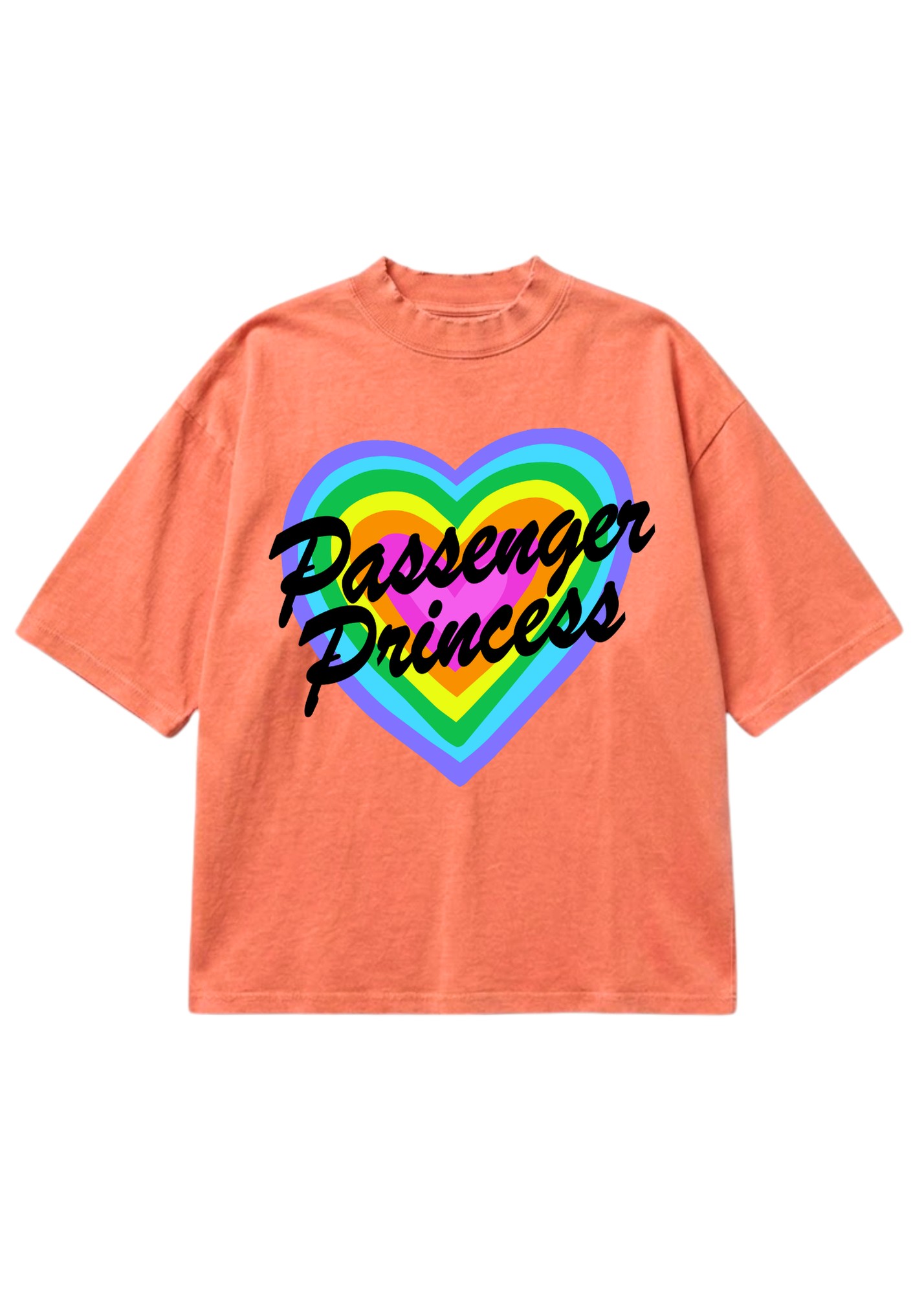 A coral pink short-sleeve t-shirt with a graphic on the front showing a rainbow-striped heart and the words 'Passenger Princess' in black script