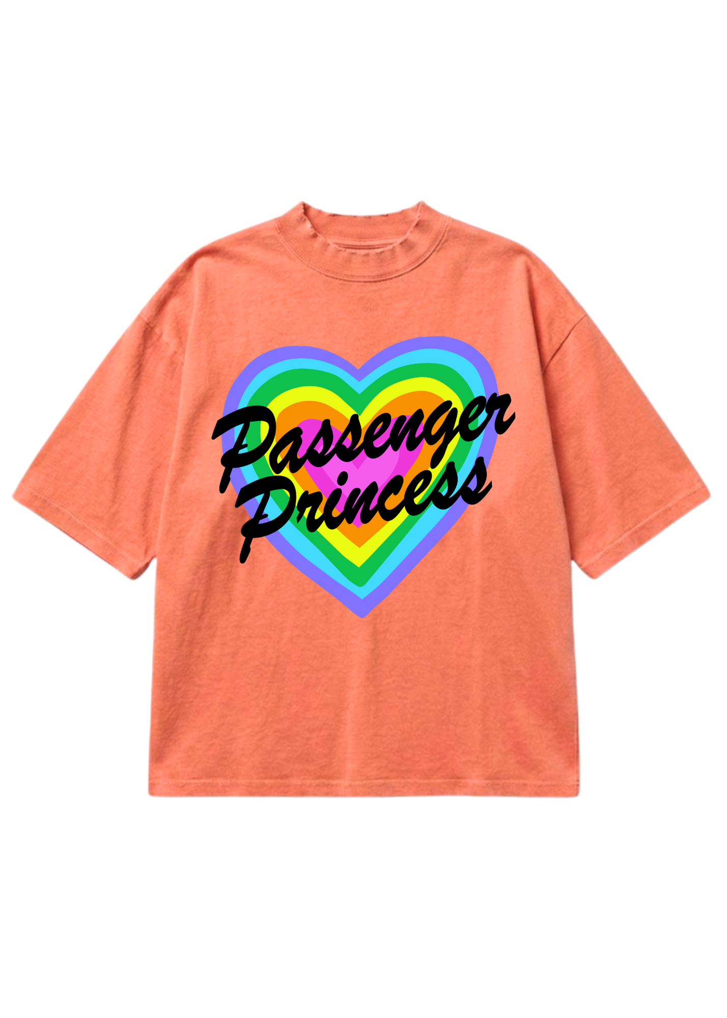A coral pink short-sleeve t-shirt with a graphic on the front showing a rainbow-striped heart and the words 'Passenger Princess' in black script