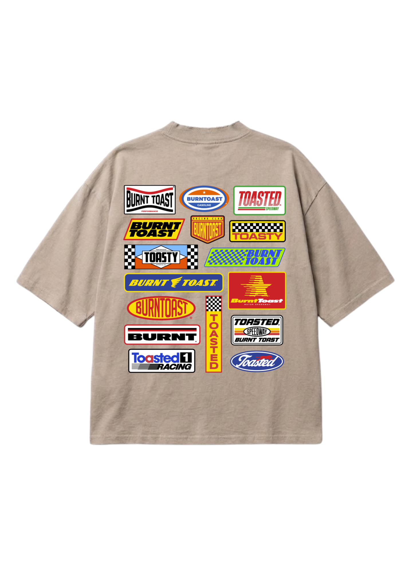 A beige short-sleeve t-shirt shown from the back, featuring a large graphic print of various racing decals and logos including 'Burnt Toast', 'Toasted Race Racing', and 'Ford'