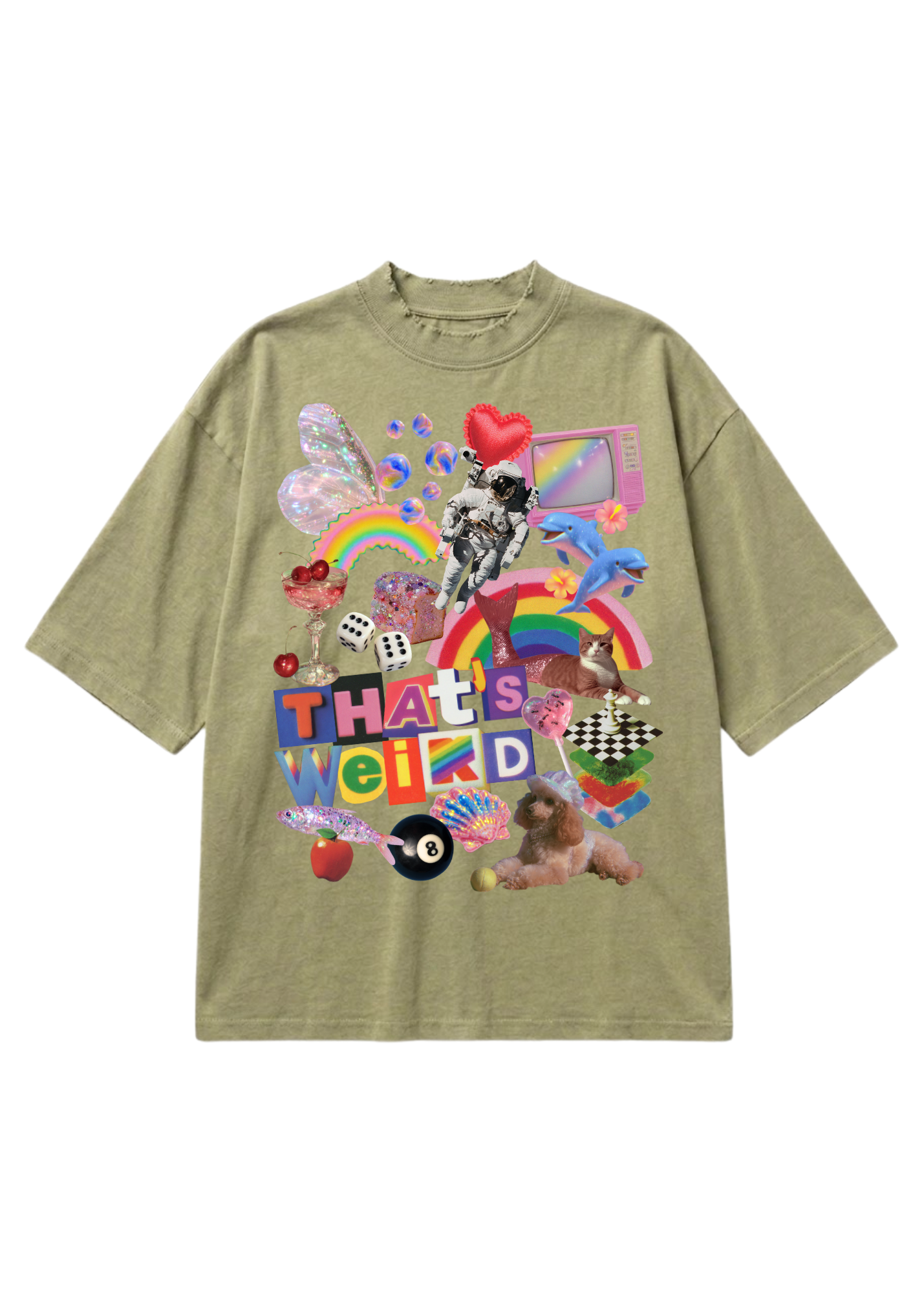 An oversized short-sleeve t-shirt in olive green, featuring a large, vibrant, multi-colored collage graphic on the front with the text 'THAT'S WEIRD' and various whimsical illustrations