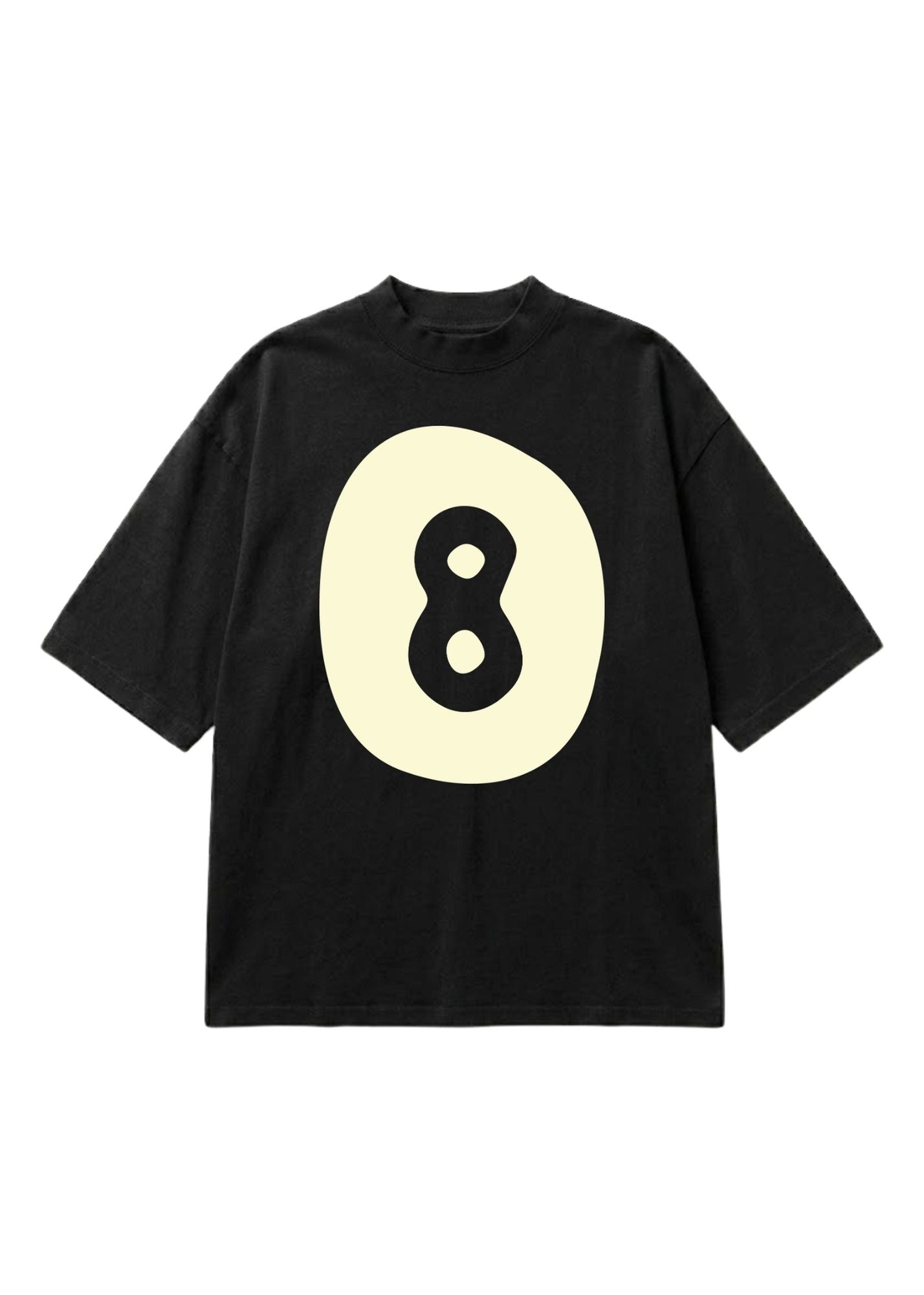 A black short-sleeve t-shirt with a large cream-colored oval graphic on the front containing a black number 8, displayed flat against a white background