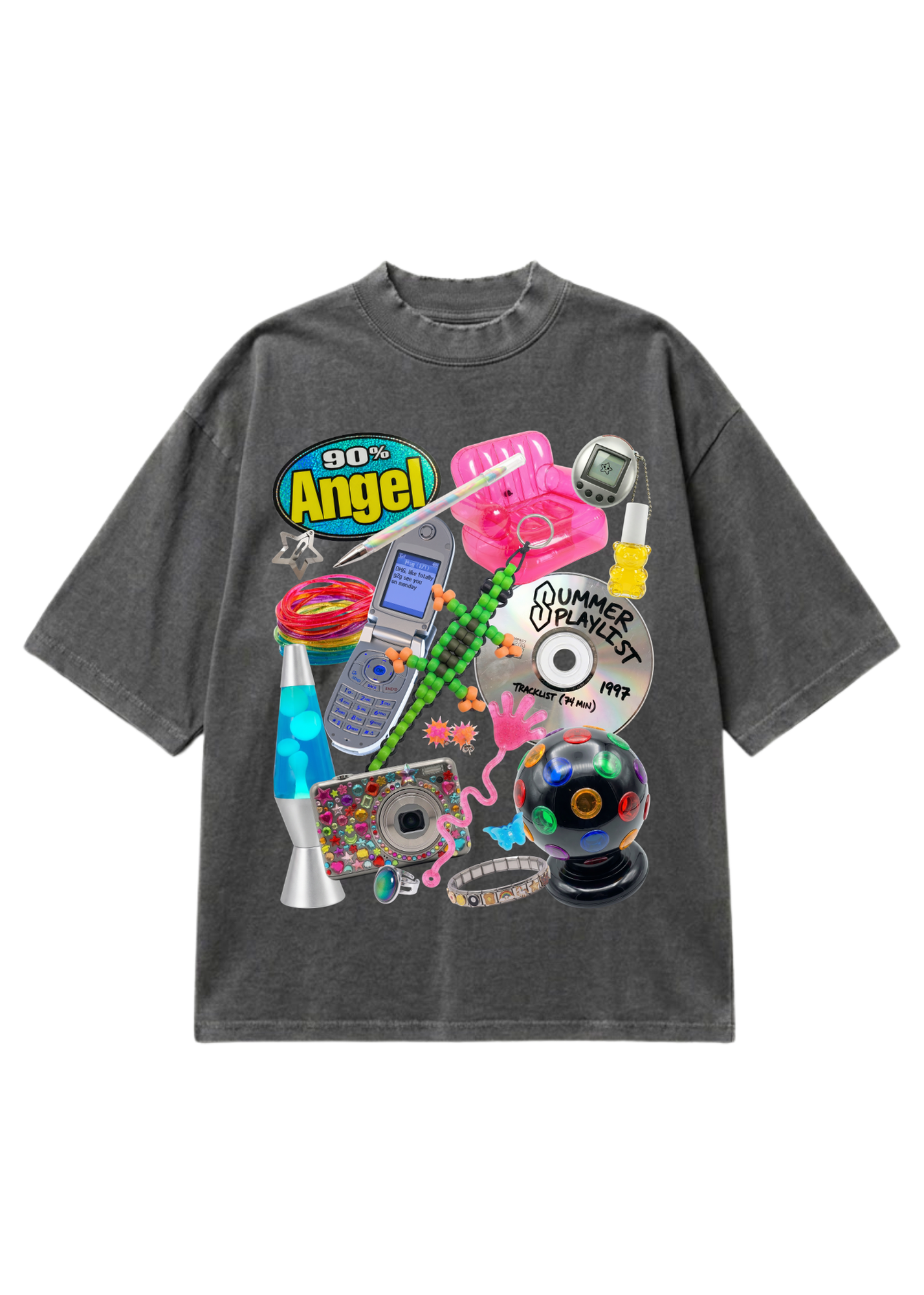 Gray short sleeve shirt with colorful graphic design on a white background, flat lay frontal view