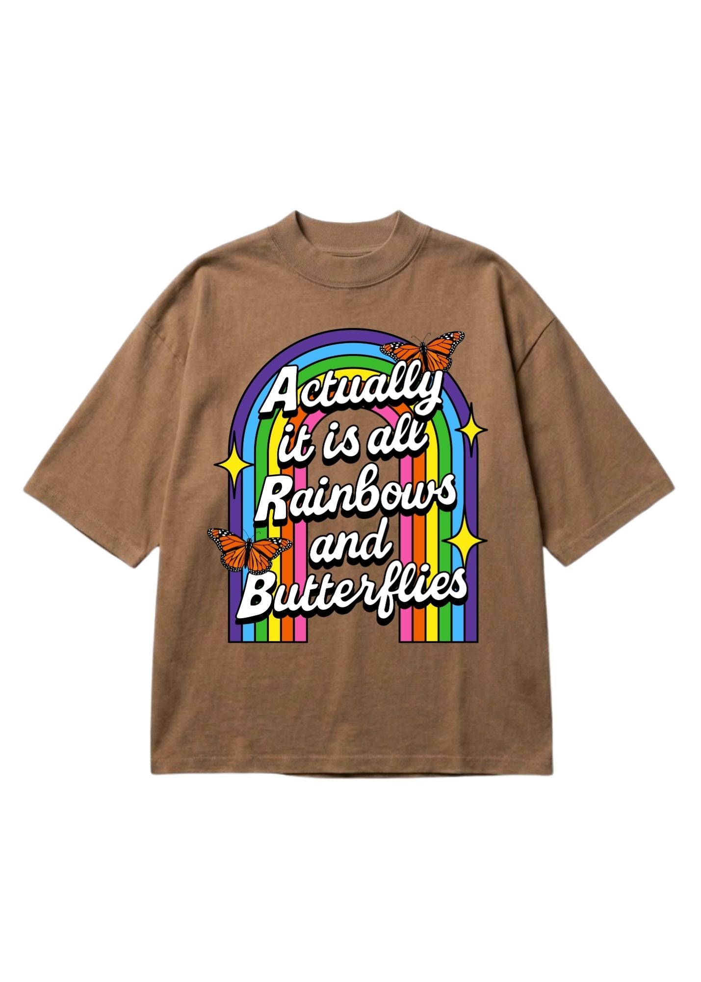 Brown t-shirt with rainbow and butterfly graphic and text on a white background, flat lay frontal view