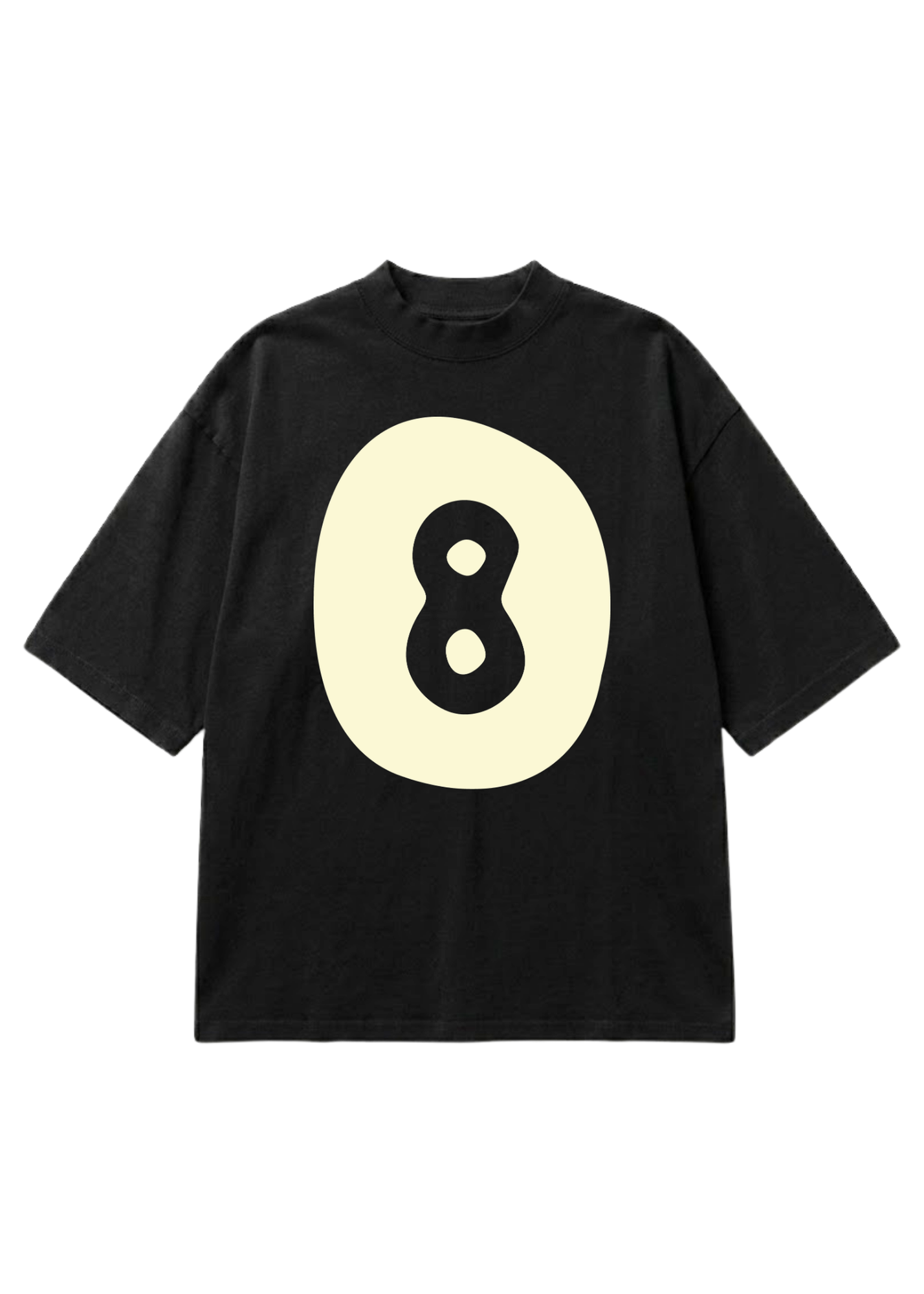 A black short-sleeve t-shirt with a large cream-colored oval graphic on the front containing a black number 8, displayed flat against a white background