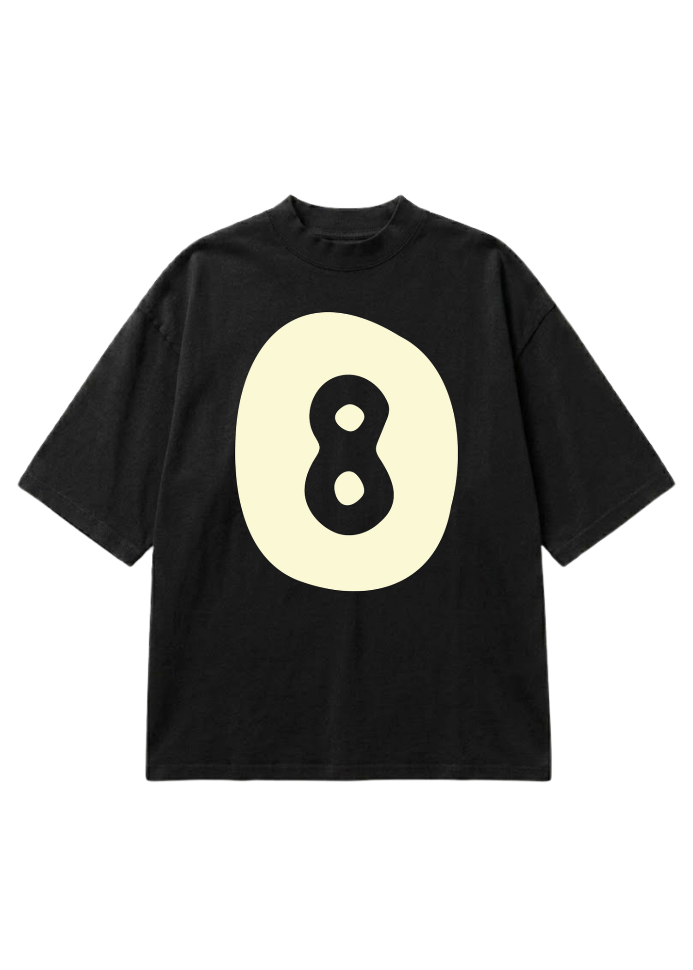 A black short-sleeve t-shirt with a large cream-colored oval graphic on the front containing a black number 8, displayed flat against a white background