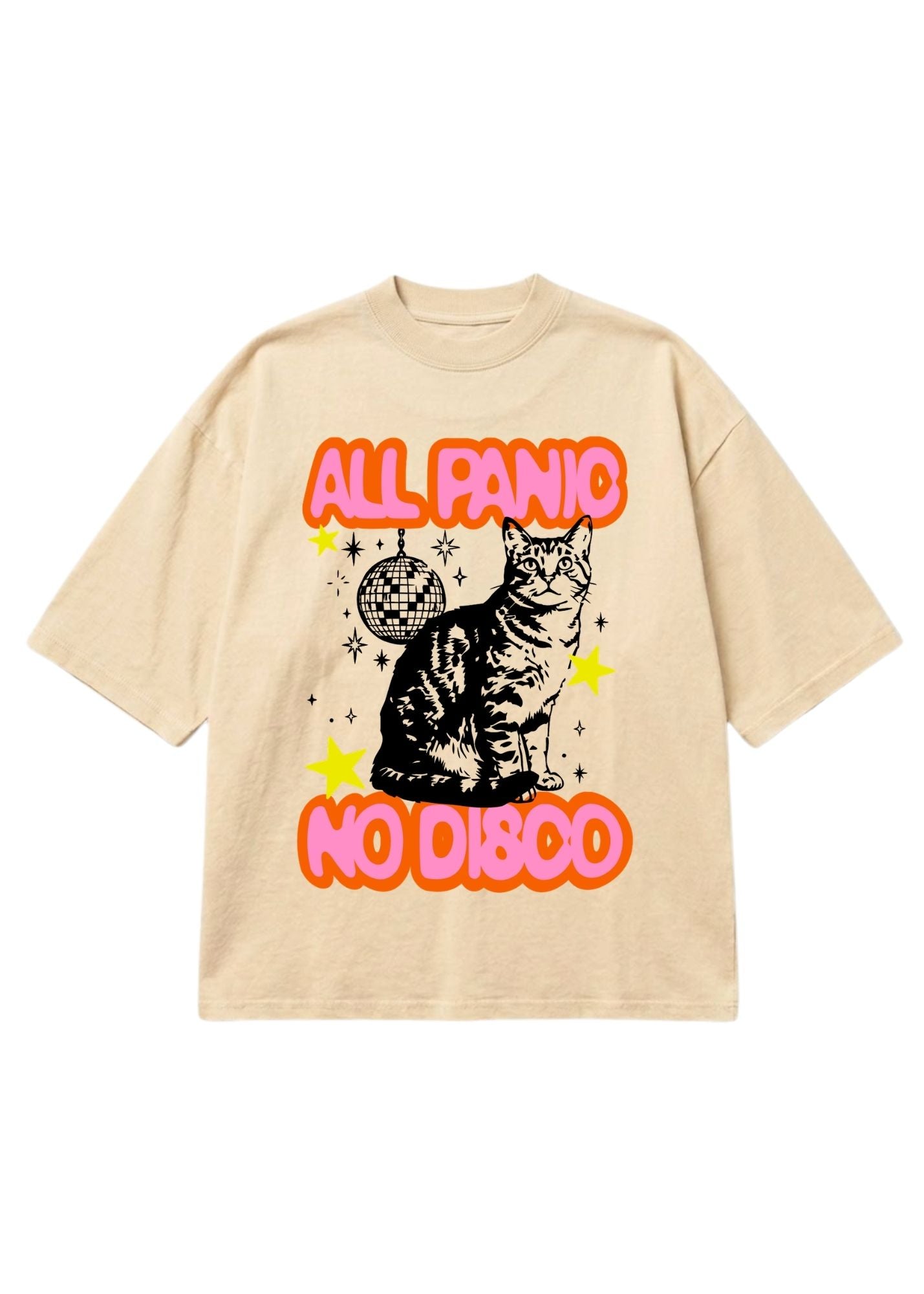 A beige short-sleeve t-shirt with a graphic print featuring a black cat, a disco ball, yellow stars, and the text 'ALL PANIC NO DISCO' in pink bubble letters with orange outlines, displayed on a solid white background.
