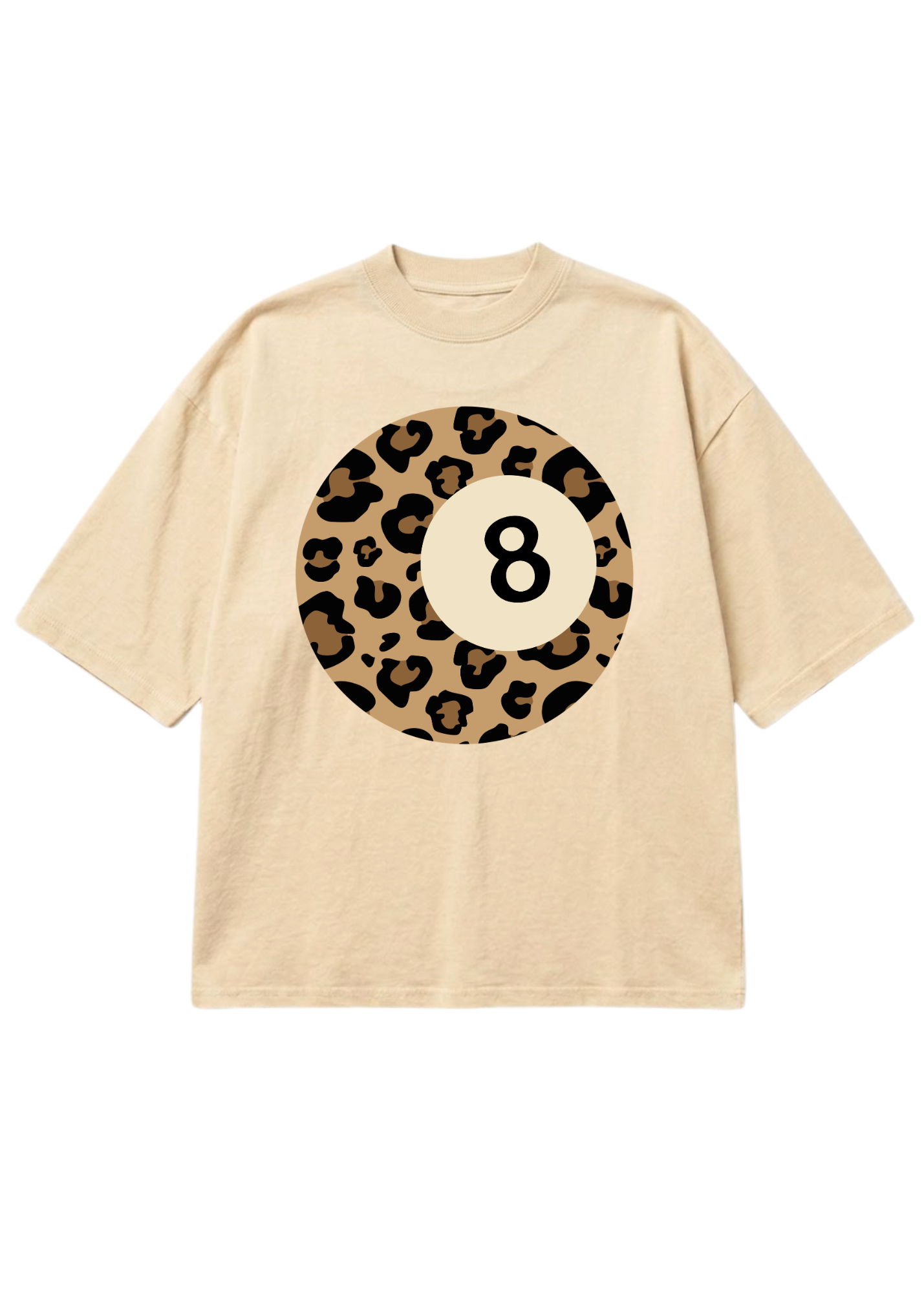 A beige short-sleeve crewneck t-shirt featuring a large circular graphic on the chest. The graphic depicts a leopard-print circle with a central cream-colored section containing the black number 8, mimicking an 8-ball