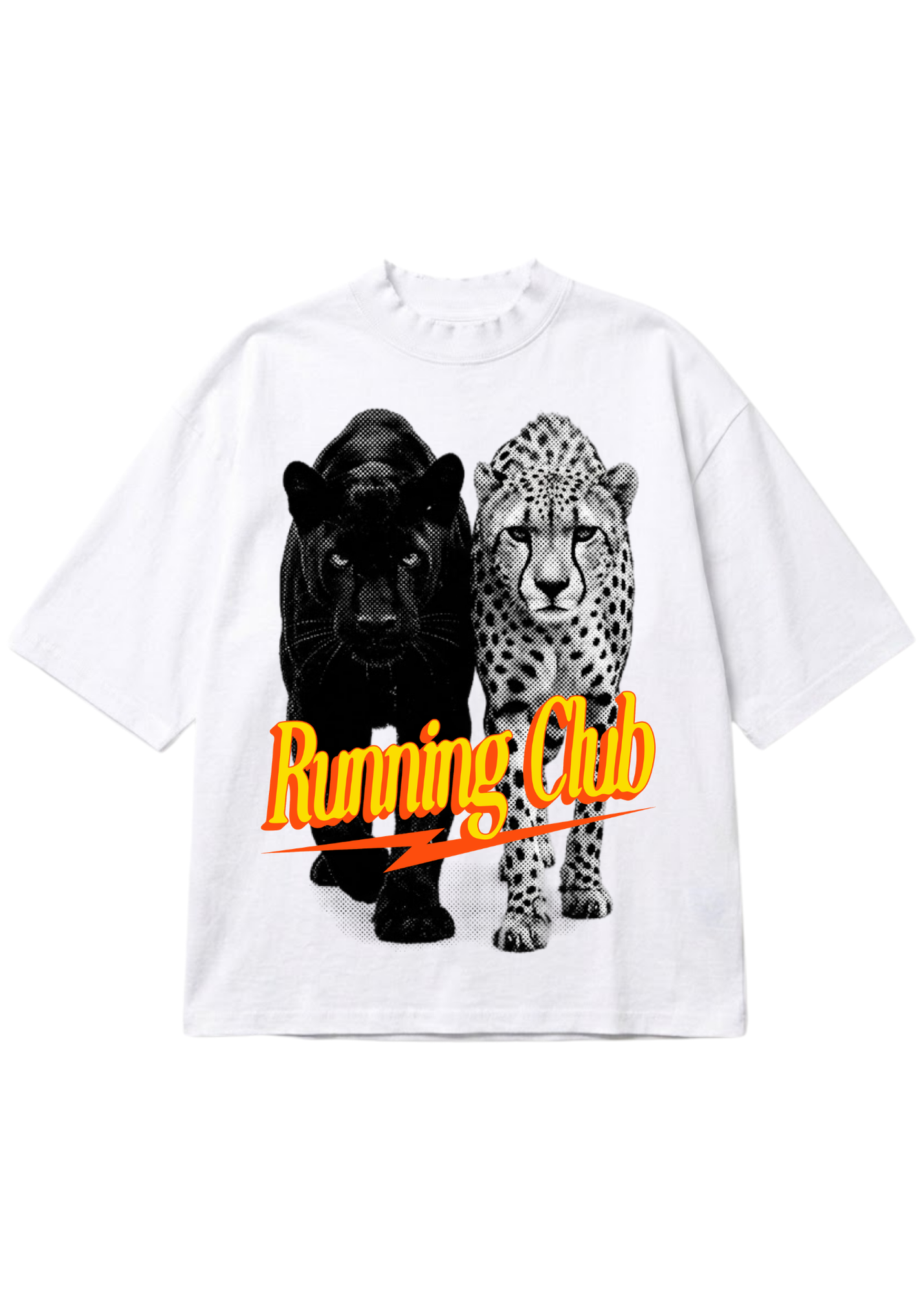 A white short-sleeve t-shirt featuring a graphic print of a black panther and a cheetah, with the text 'Running Club' in yellow and orange stylized lettering across the front