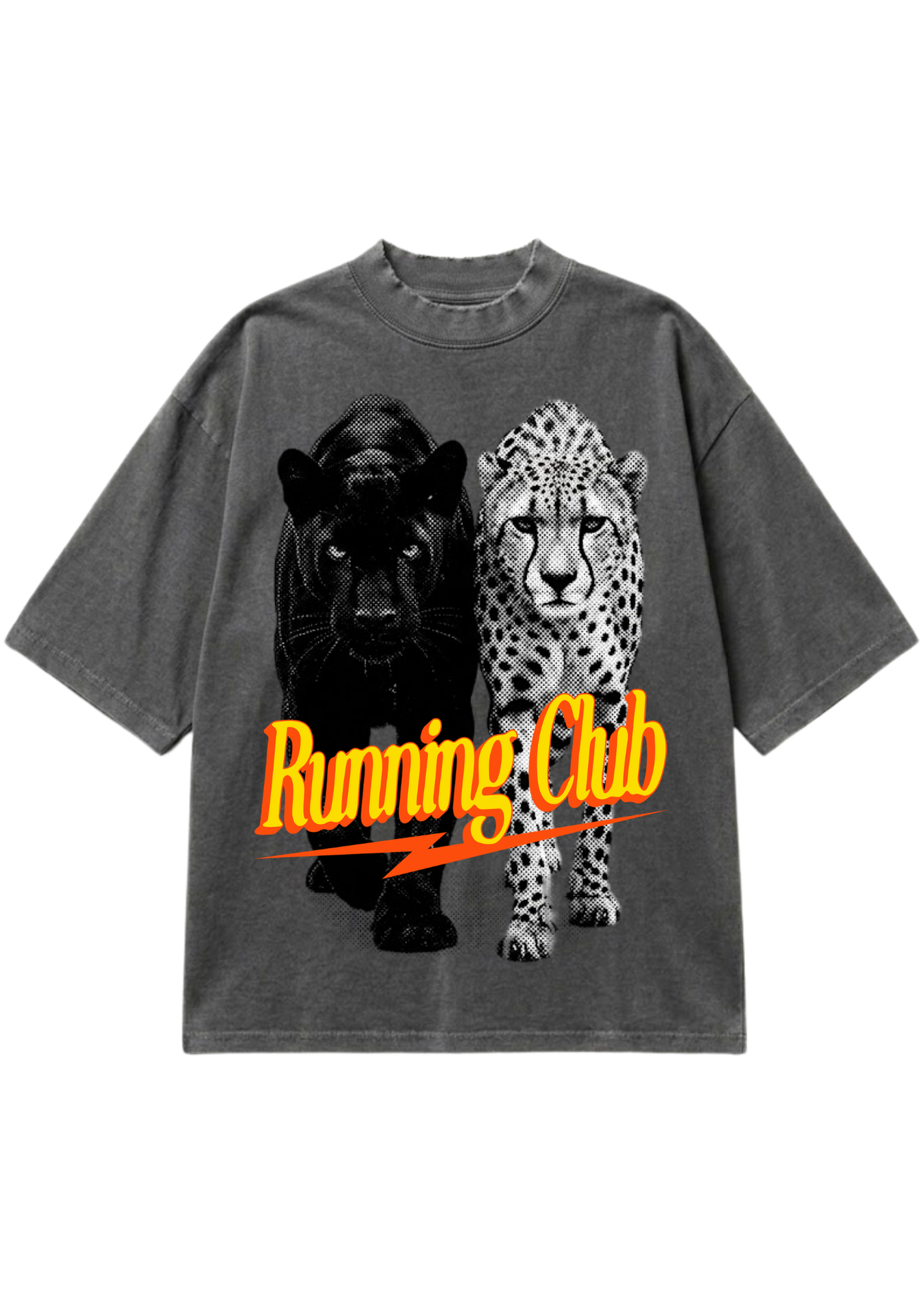 A dark gray mineral-wash t-shirt featuring a graphic print of a black panther and a cheetah, with the text 'Running Club' in yellow and orange across the front